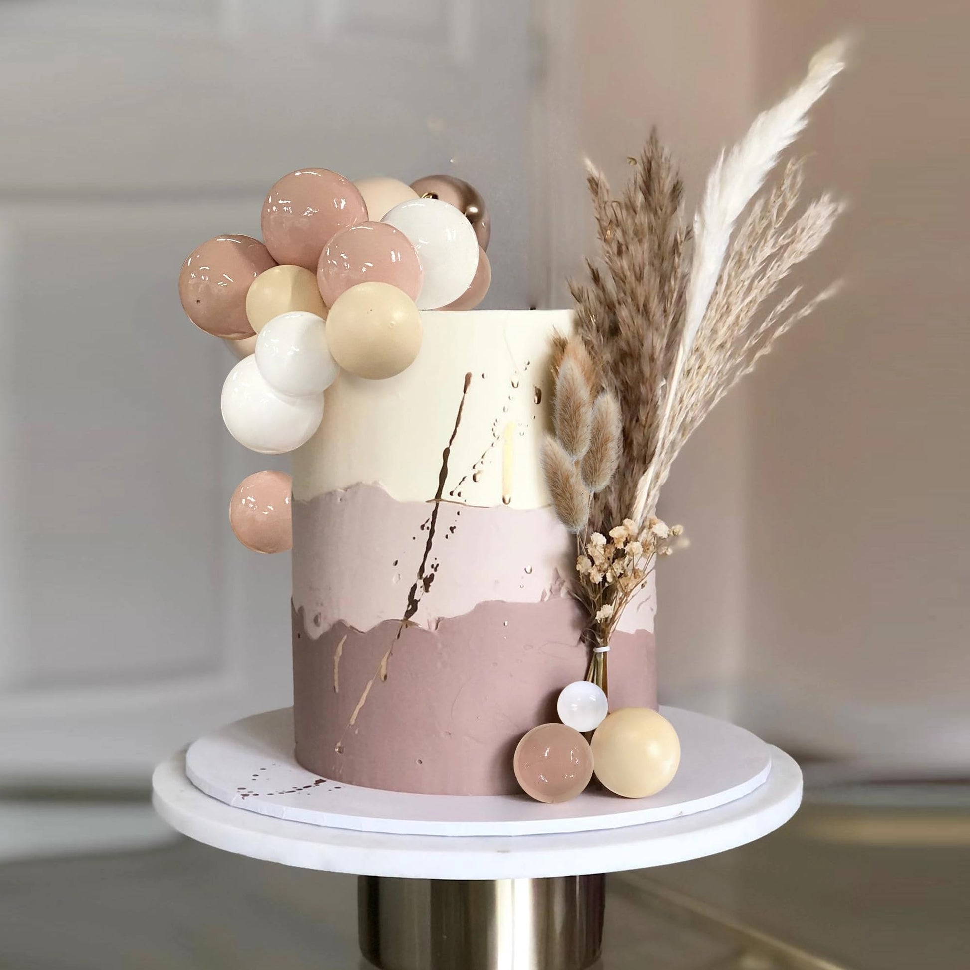 50 PCS Boho Cake Toppers Mini Balls Cake Topper Various Dried Pampas Grass Cake Decor for Boho Home Wedding Cake Decoration (White Apricot Light