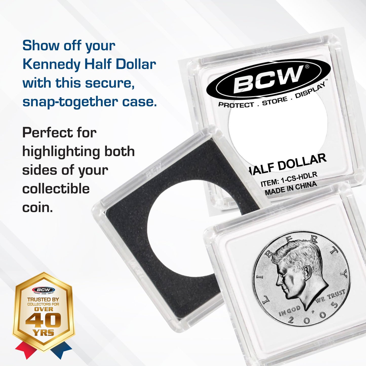 BCW 2x2 Coin Snap - 25 ct Half Dollar Holder | Archival Safe Coin Protector | Crystal Clear Polystyrene Coin Display Case | Ideal for US Kennedy Half