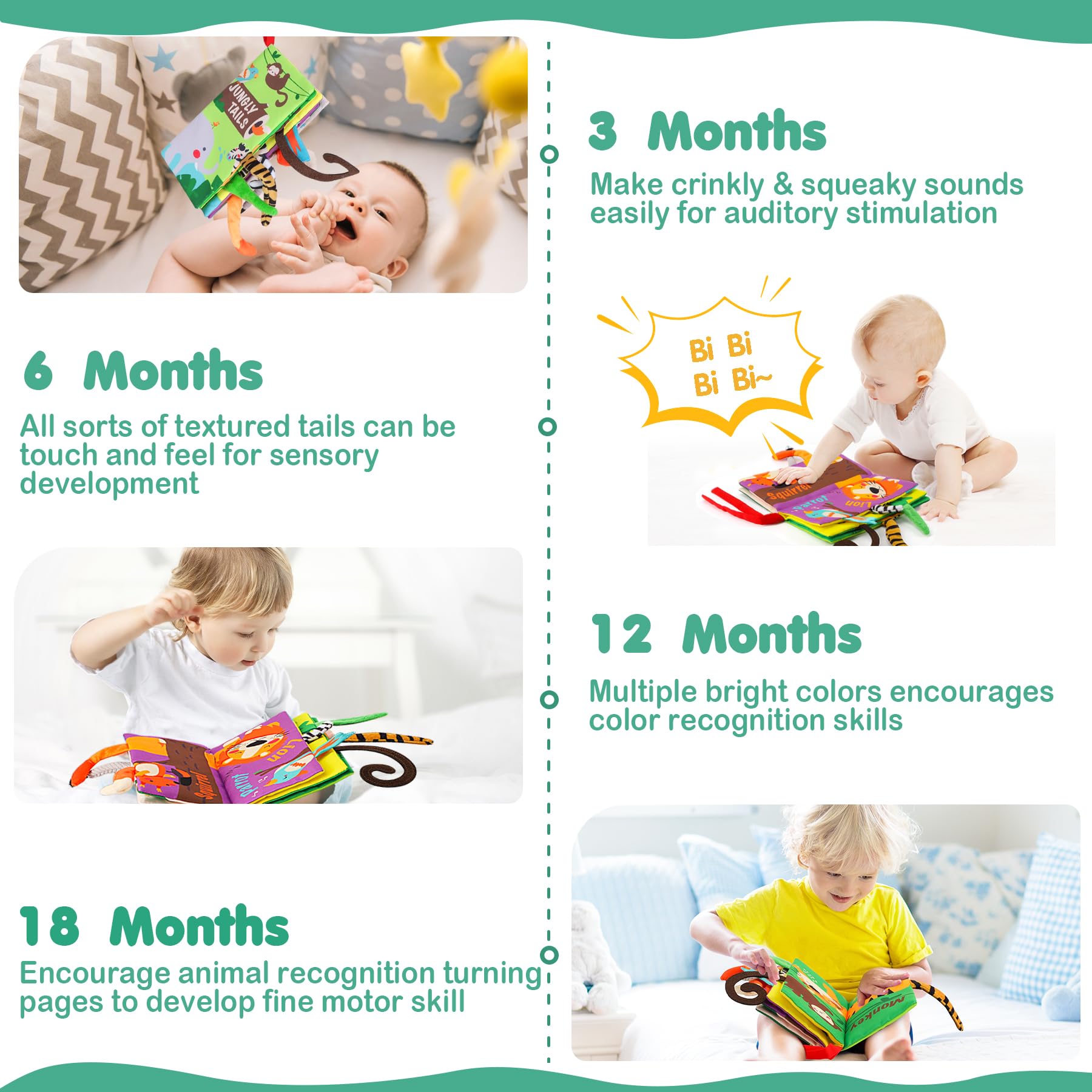 beiens Baby Books Toys, Touch and Feel Crinkle Cloth Book for Infant Baby 0-3-6-12-18 Months, Early Development Interactive Stroller Soft Toys