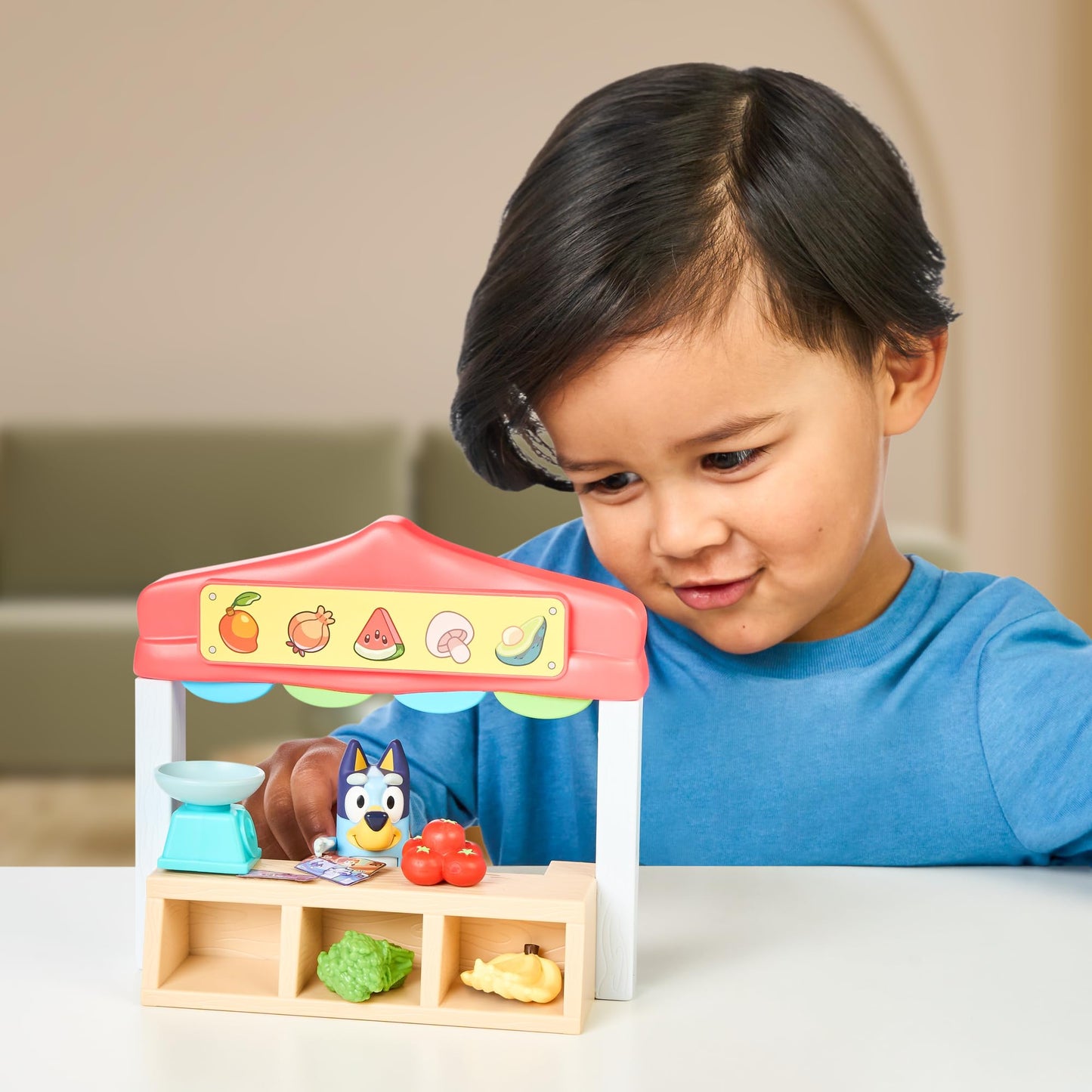 Bluey Farmers Market Playset, Toy Store Playset with Articulated Figurine, Toy Scale, Dollar Bucks, and Food Items, Shopping Toys for Kids Ages 3+