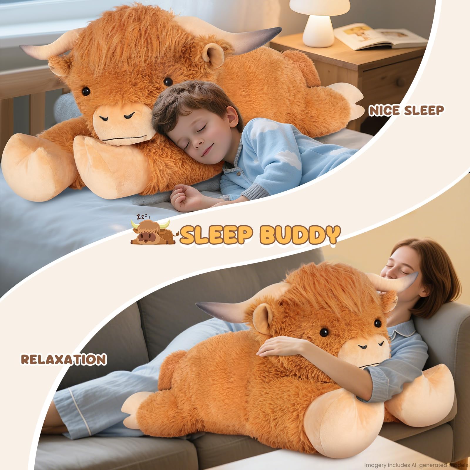 SuzziPals 43 inch Giant Highland Cow Stuffed Animal, Lifelike Huge Cow Stuffed Animal for Stress Relief & Companion, Extra Soft Cow Plush, Huge Big