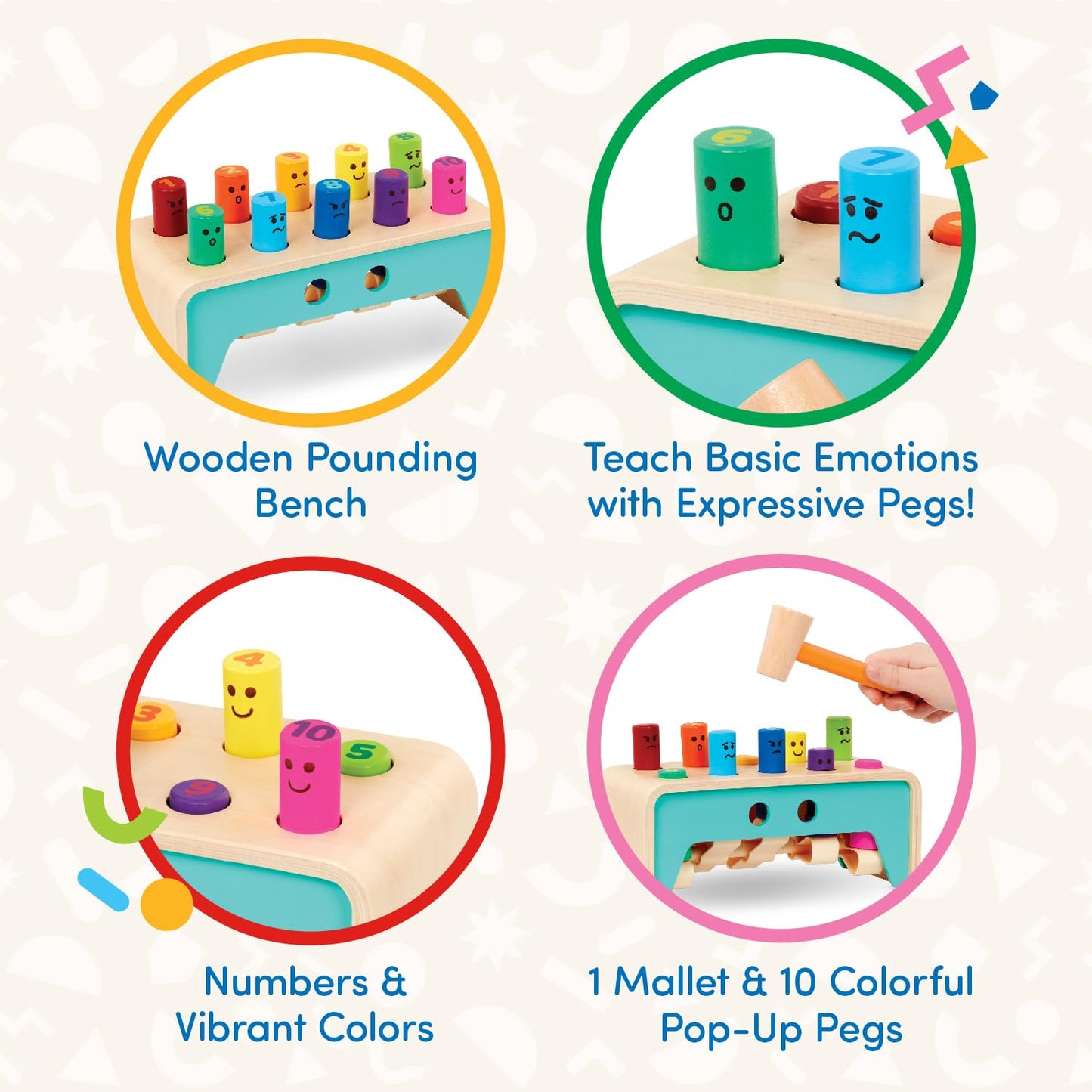 Battat - Wooden Hammer Toy for Kids, Toddlers - Pounding Bench with Pegs and Mallet - Colorful Developmental Toy - 1 Year + - Pound & Count Bench