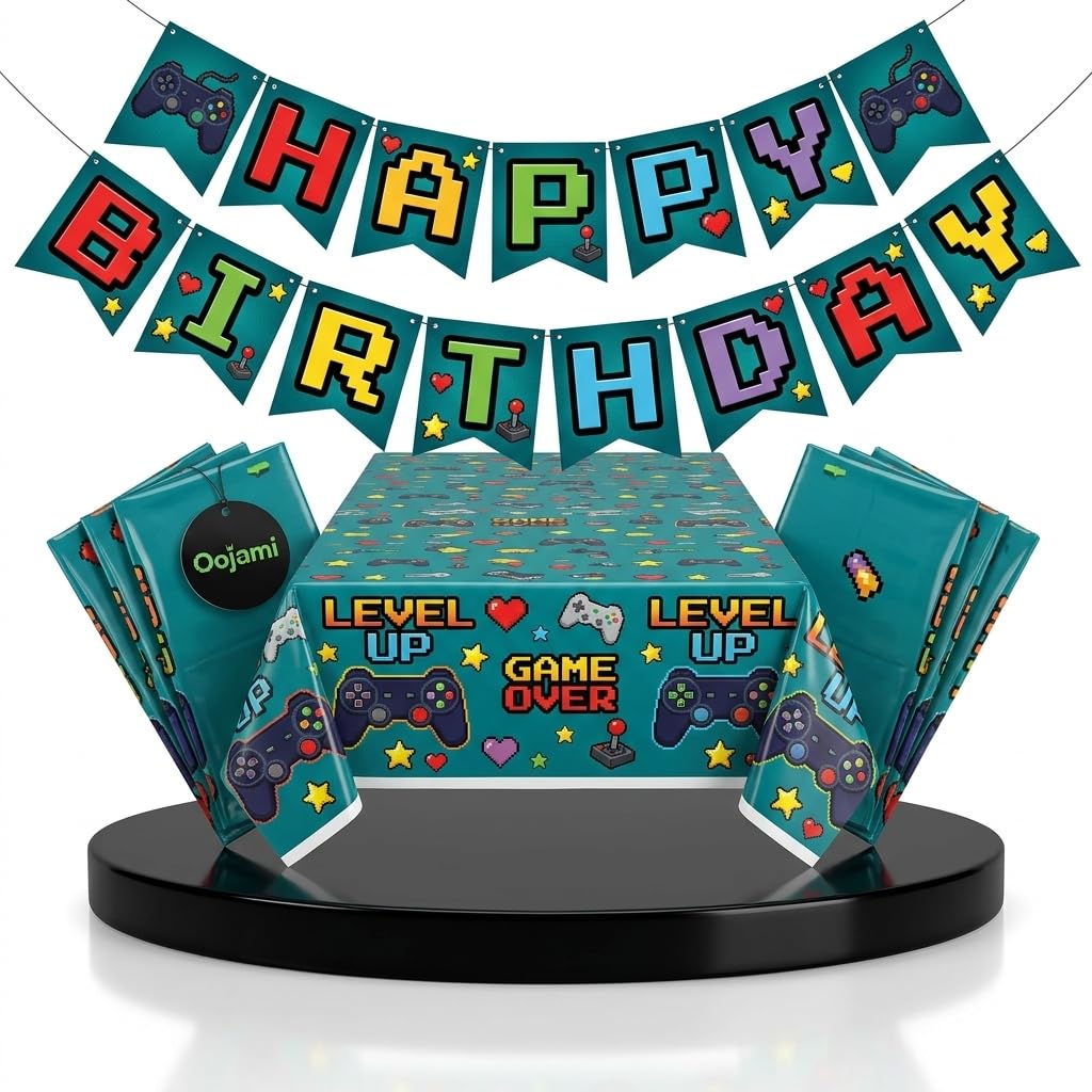 Oojami Video Gaming Party Supplies 3 Pack, 54x108" Table Covers + Banner