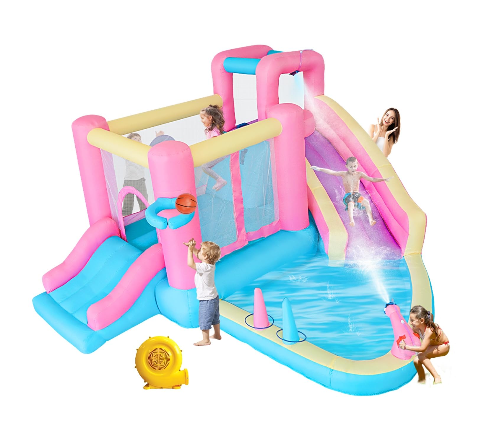 Bestsun Inflatable Water Slide for Kids, Bounce House with Slide, Pool, Water Cannon, Climbing Wall, Blower Included, Outdoor Summer Fun for Kids