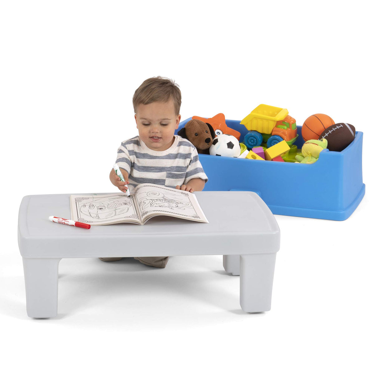 Simplay3 Play Around Toy Box Table, Multipurpose Kids Toy Box and Toddler Play Table for Toys, Art Supplies, Crafts, Durable, Plastic Large Toy Box