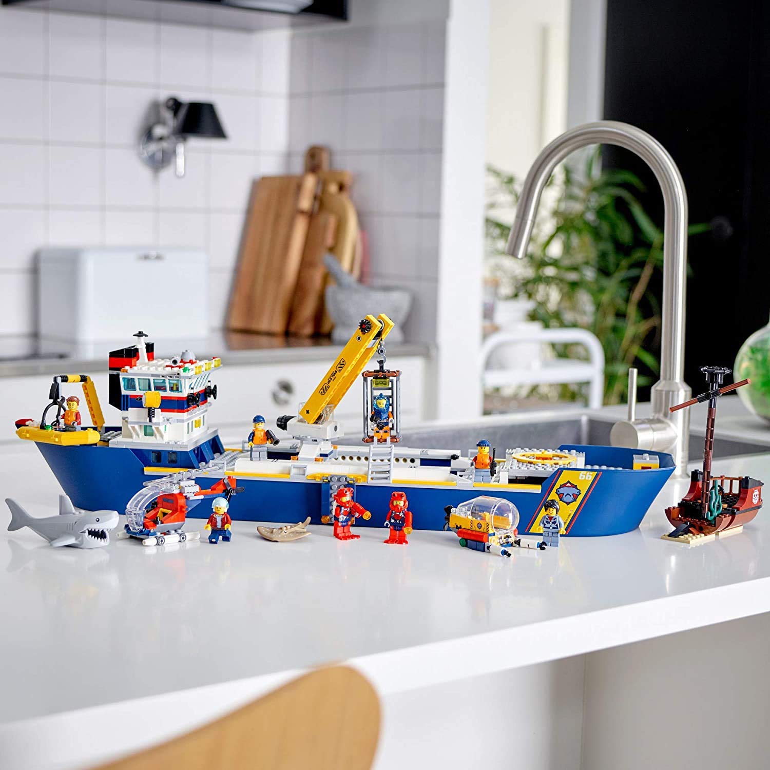 LEGO City Ocean Exploration Ship 60266, Toy Exploration Vessel, Mini Helicopter, Submarine, Shipwreck with Treasure, Lifeboat, Stingray, Shark, Plus 8