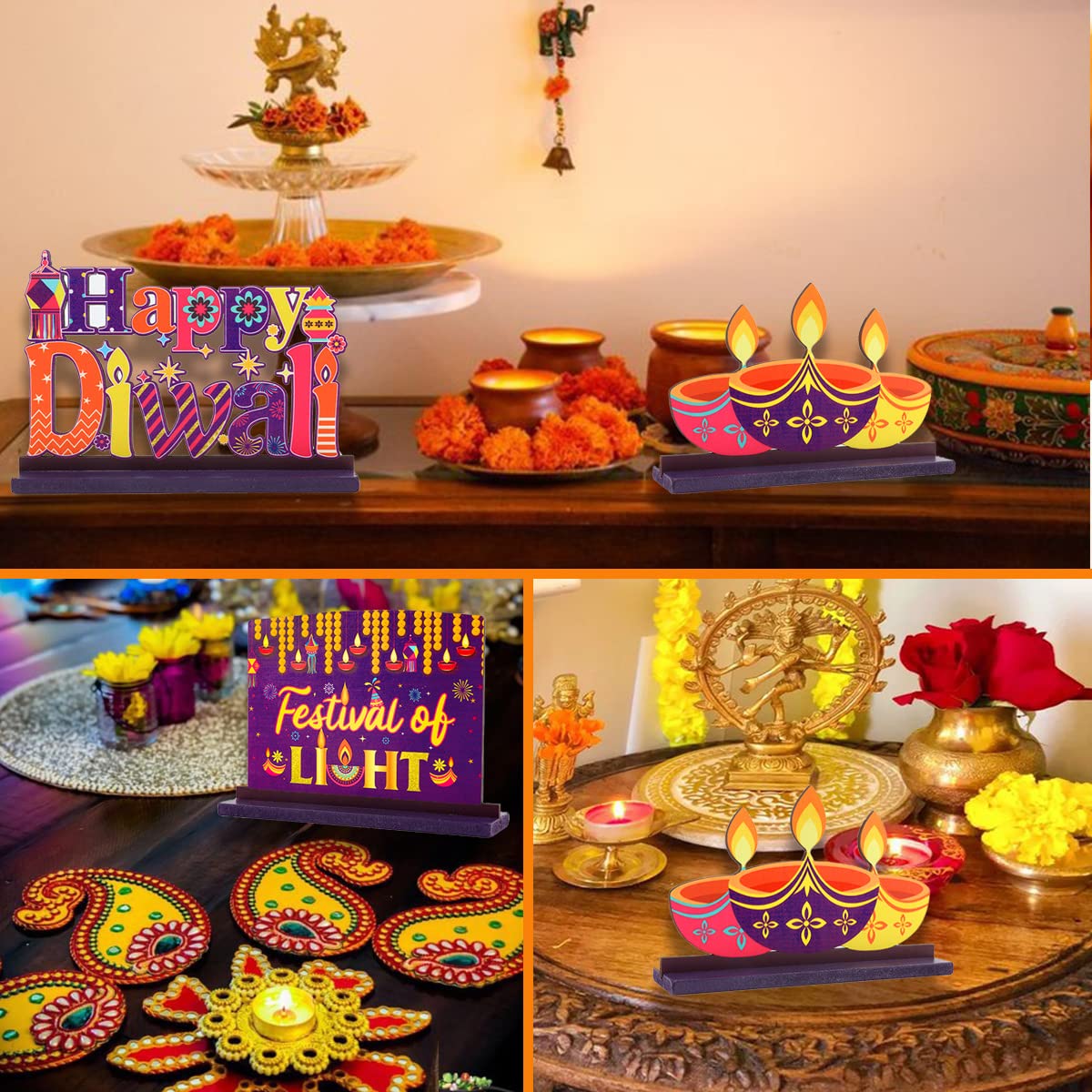 3 Pack Diwali Table Decorations Deepawali Wooden Centerpieces Happy Diwali Wooden Sign for Traditional Indian Hindu Festival of Lights Party Supplies