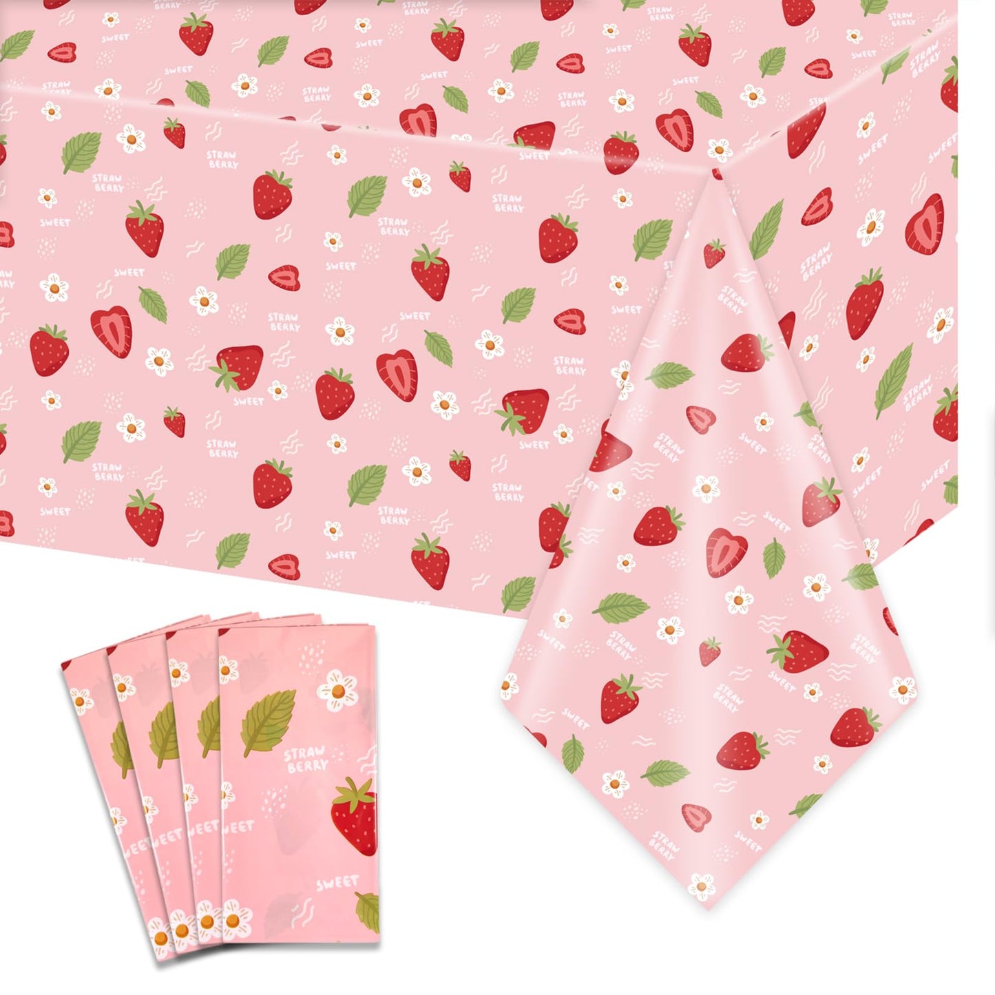 Ayearparty 4 Pack Strawberry Tablecloth Sweet One Birthday Table Cover Berry First Birthday Decorations Plastic Strawberry Theme Party Decor Party