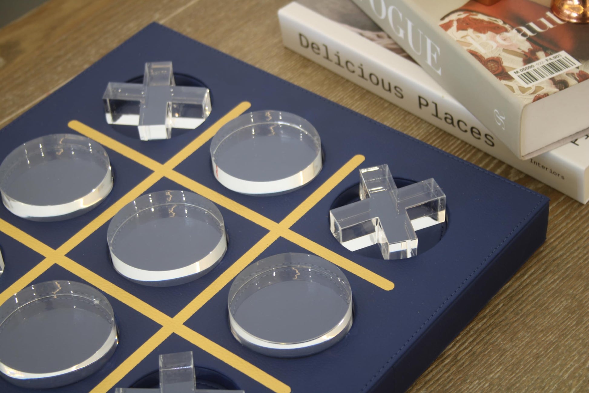 Modern Tic Tac Toe for Home Decoration with Blue Leather and Acrylic Pieces Decorative Table Top Housewarming Gift