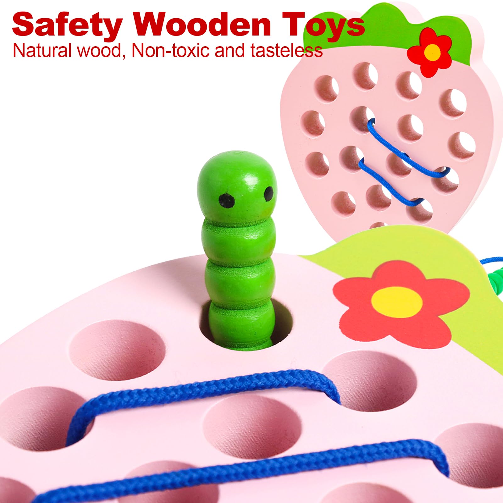 NAODONGLI Wooden Lacing Toys for Toddlers, Baby Toys Strawberry Threading Learning Fine Motor Skills,Montessori Sensory Educational Wooden Block