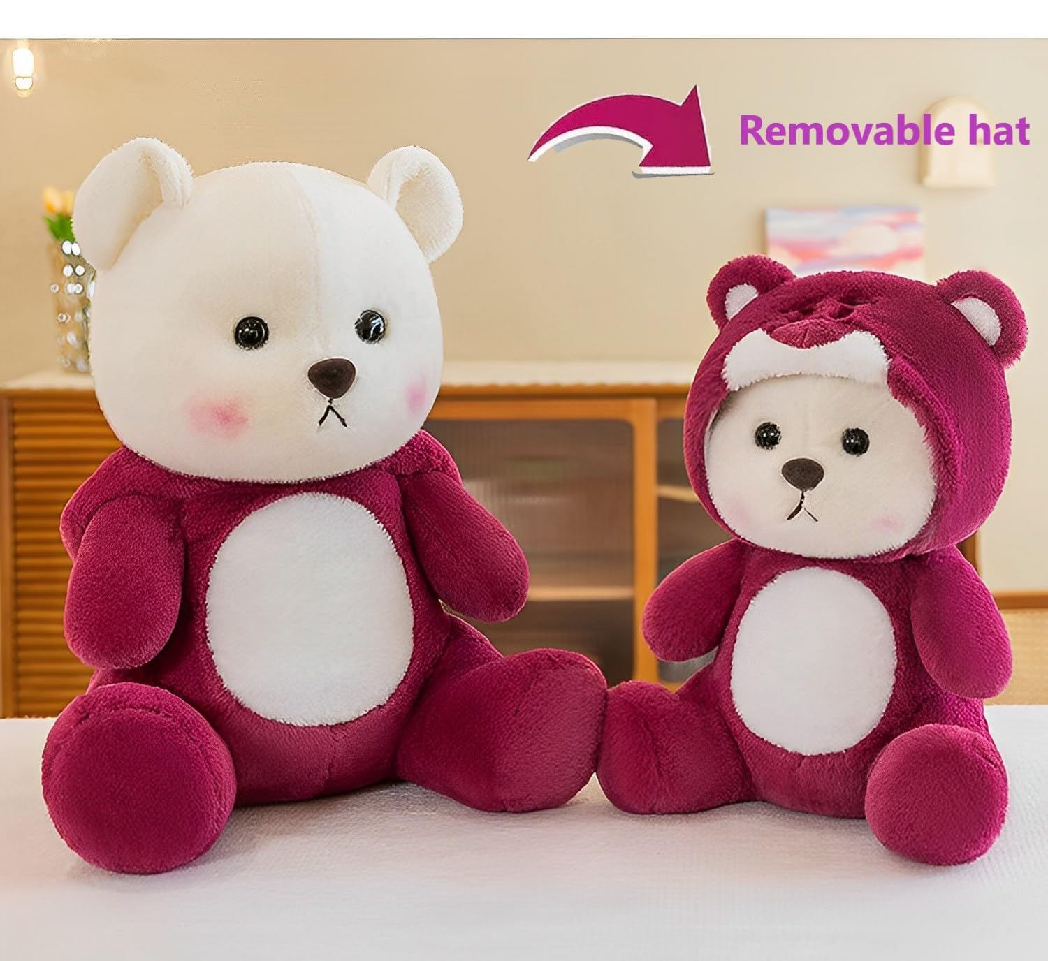 Bilibang Cartoon Plush Cross-Dressing Teddy Bear Plush Toy, Cute Teddy Bear with Removable Stitchhat (Pink StrawberryBear, 11 inch / 0.5 lb)