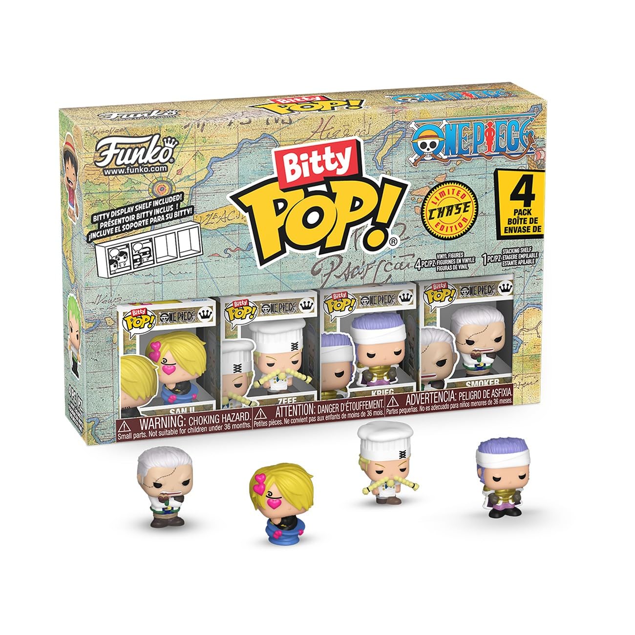 Funko Bitty Pop! One Piece - Sanji, Zeff, Kreig, and A Surprise Mystery Mini Figure - 0.9 Inch (2.2 Cm) Collectable - Stackable Display Shelf Included