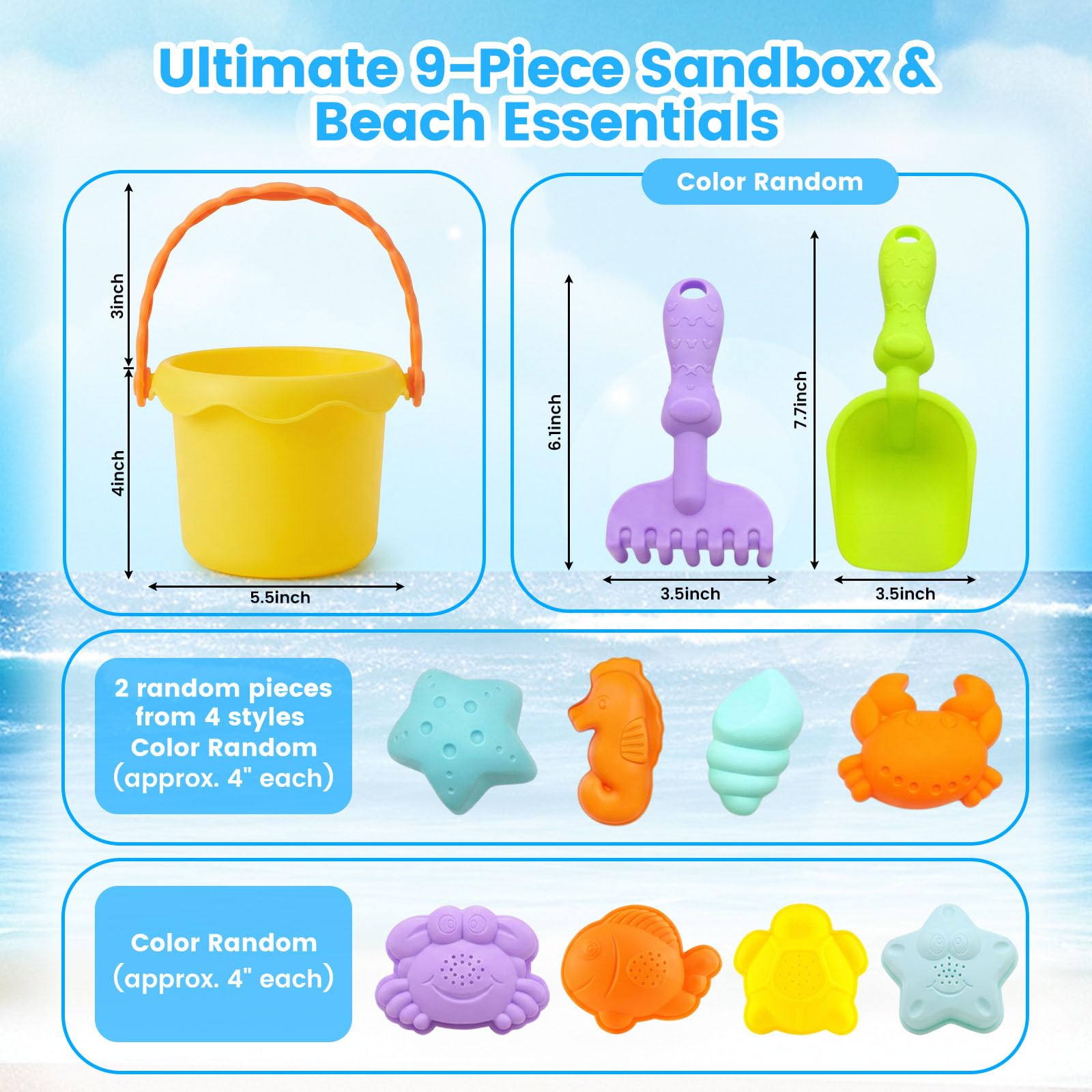 3 Otters Beach Toys Set, Bucket and Shovel RakesTool, Ocean Animals, 9 Pcs
