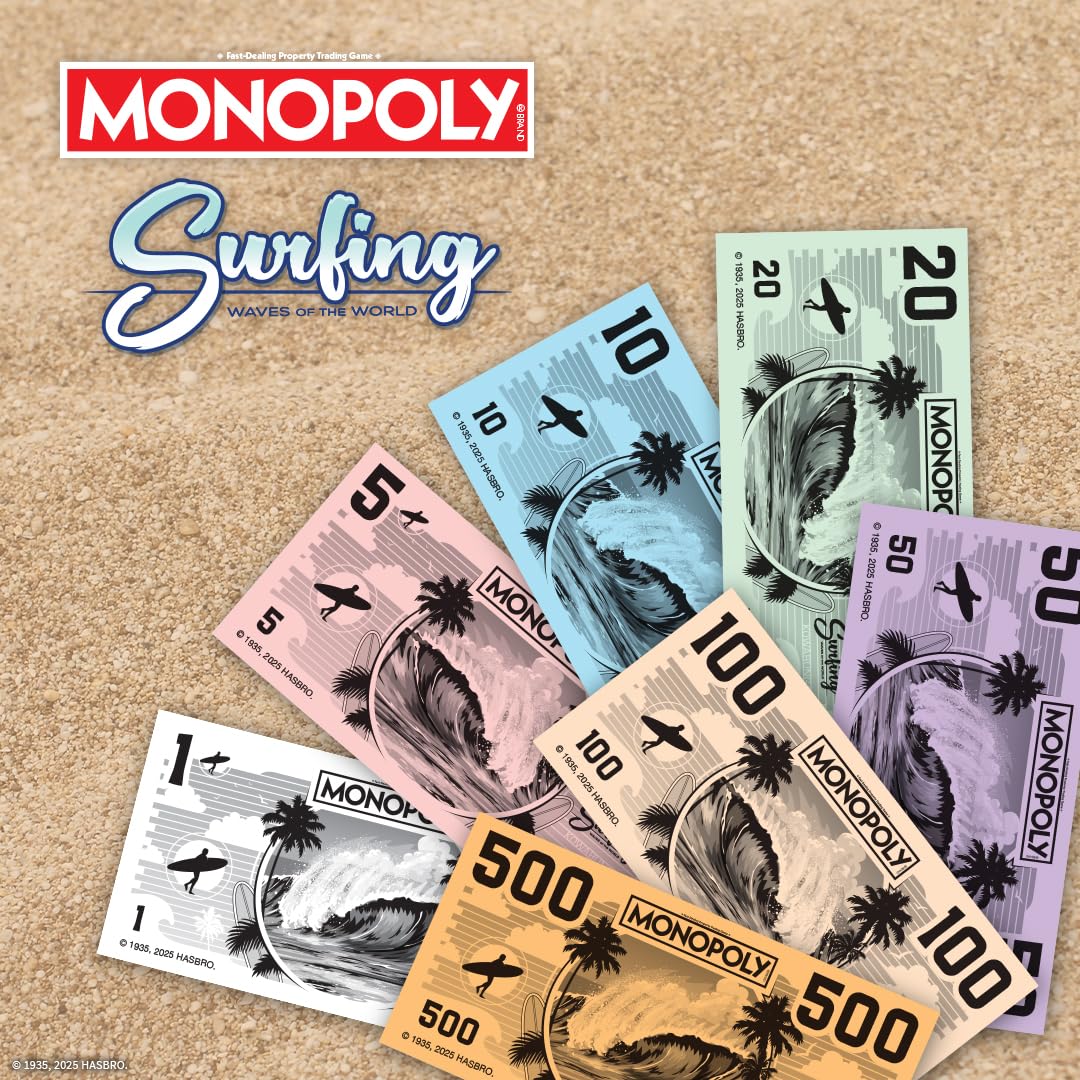 Monopoly: Surfing Waves of the World Board Game - Buy, Sell, Trade Iconic Surf Spots Like Pipeline & Superbank, 6 Custom Beach-Themed Tokens, Family