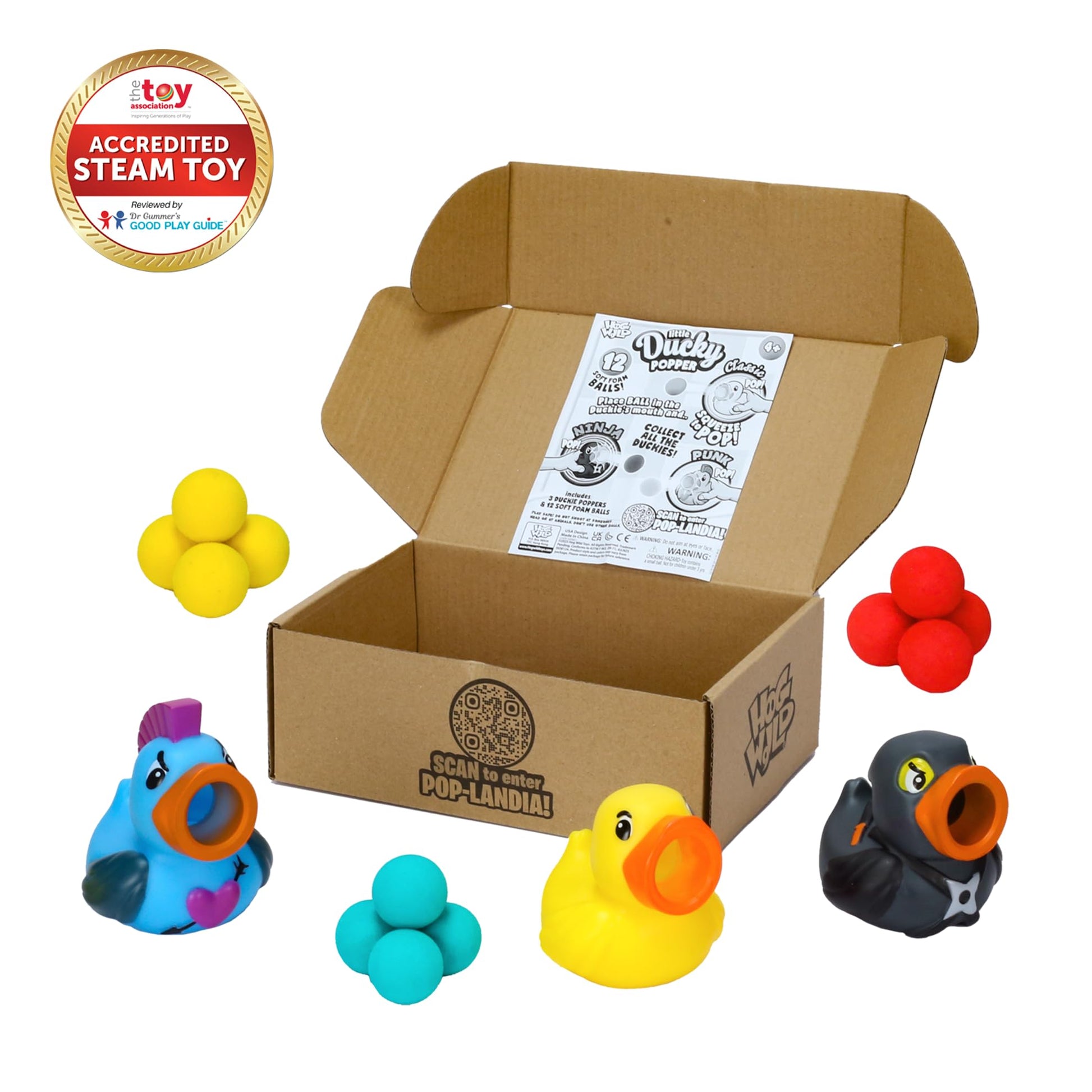 Hog Wild Duck Popper 3-Pack (Classic, Ninja, Punk) - Squeeze-to-Shoot Foam Ball Blasters, Launches up to 20 ft, Includes 12 Foam Balls - Fun Desk Toy