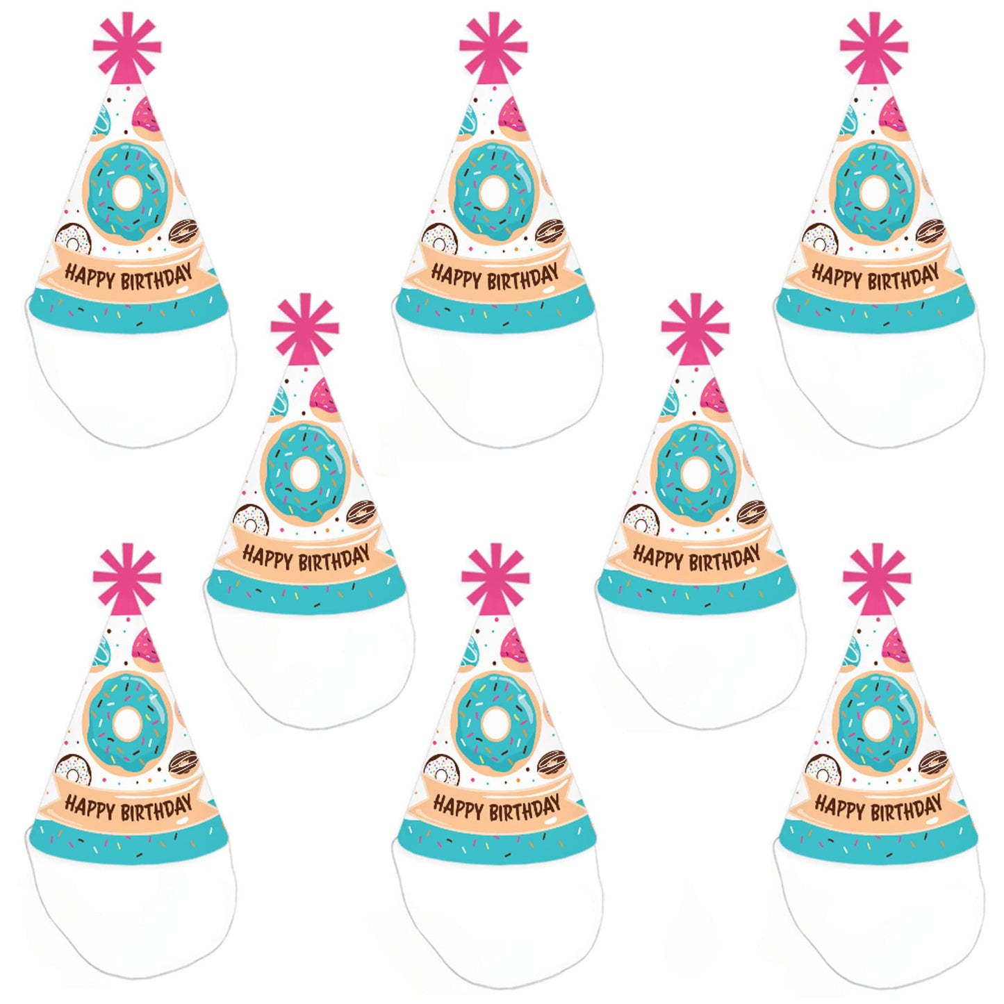 Big Dot of Happiness Donut Worry, Let’s Party - Cone Happy Birthday Party Hats for Kids and Adults - Set of 8 (Standard Size)