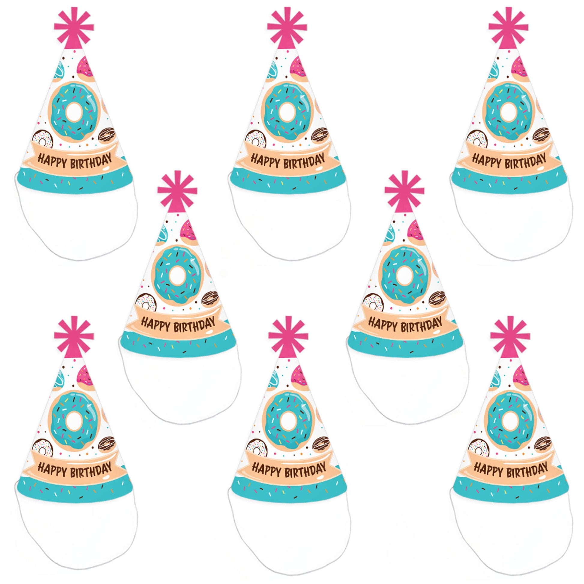 Big Dot of Happiness Donut Worry, Let’s Party - Cone Happy Birthday Party Hats for Kids and Adults - Set of 8 (Standard Size)