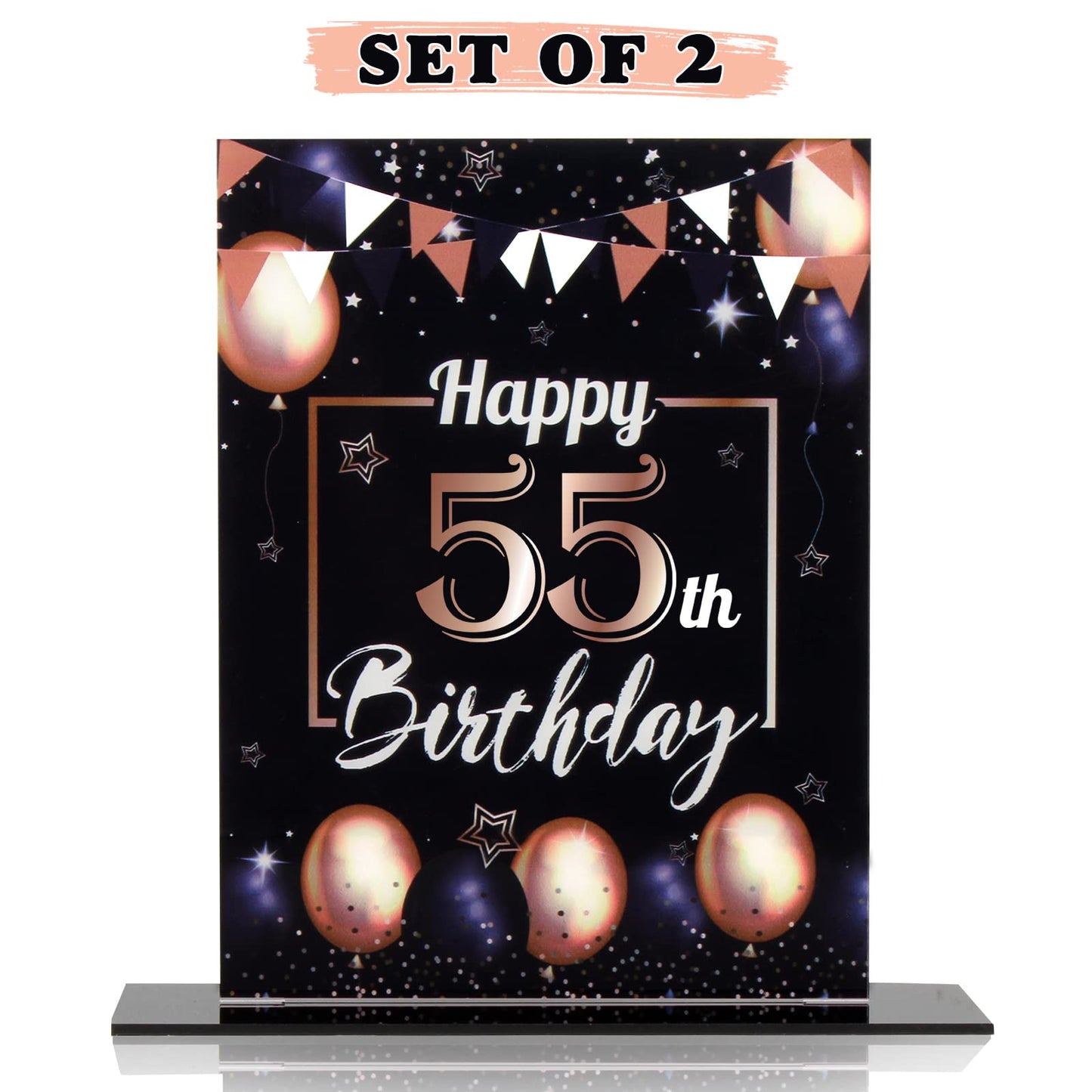 LINGTEER Happy 55th Birthday Decorations, 2Pcs Black&Gold Stand Print Acrylic Table Centerpieces Backdrop Board- Cheers to 55 Years Old Fun Birthday