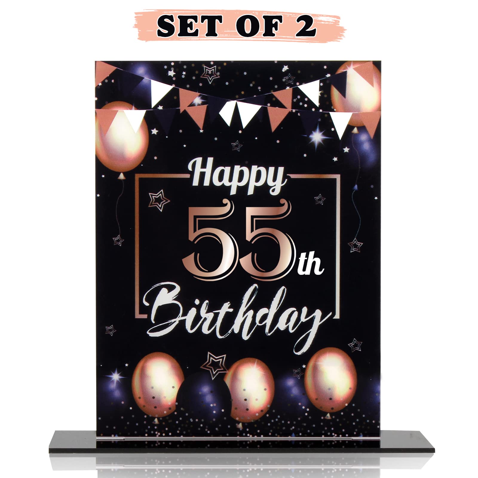 LINGTEER Happy 55th Birthday Decorations, 2Pcs Black&Gold Stand Print Acrylic Table Centerpieces Backdrop Board- Cheers to 55 Years Old Fun Birthday