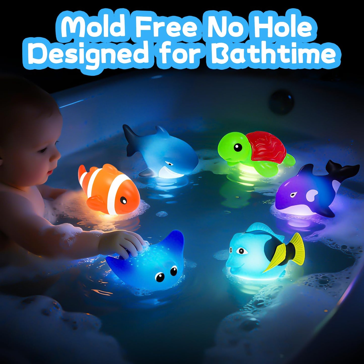 ZGLYMUS Light Up Bath Toys,No Hole Mold Free Baby Bath Toys,Ocean Animal Water-Activated Lights Flashes and Change Color,Sensory Lights Toys