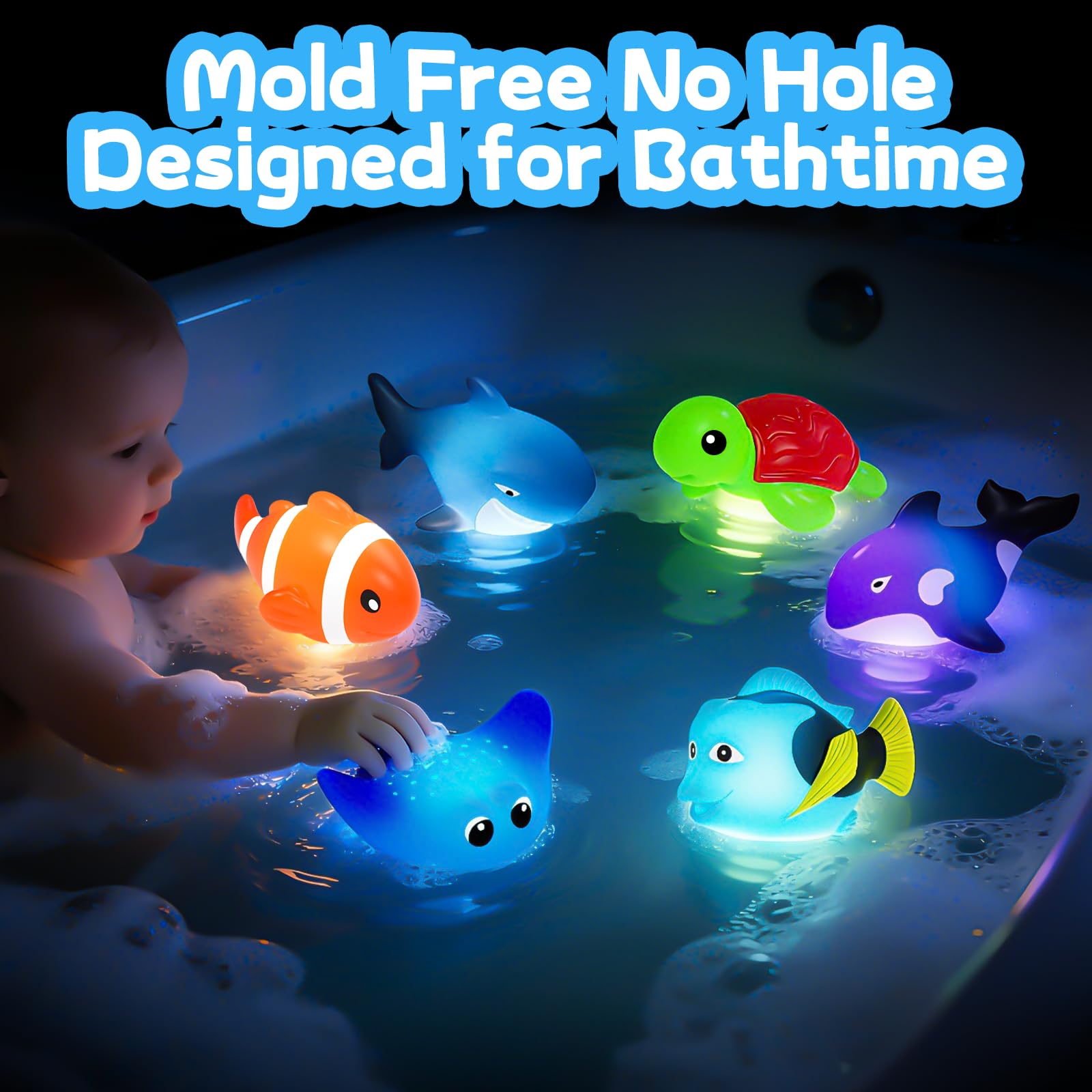 ZGLYMUS Light Up Bath Toys,No Hole Mold Free Baby Bath Toys,Ocean Animal Water-Activated Lights Flashes and Change Color,Sensory Lights Toys