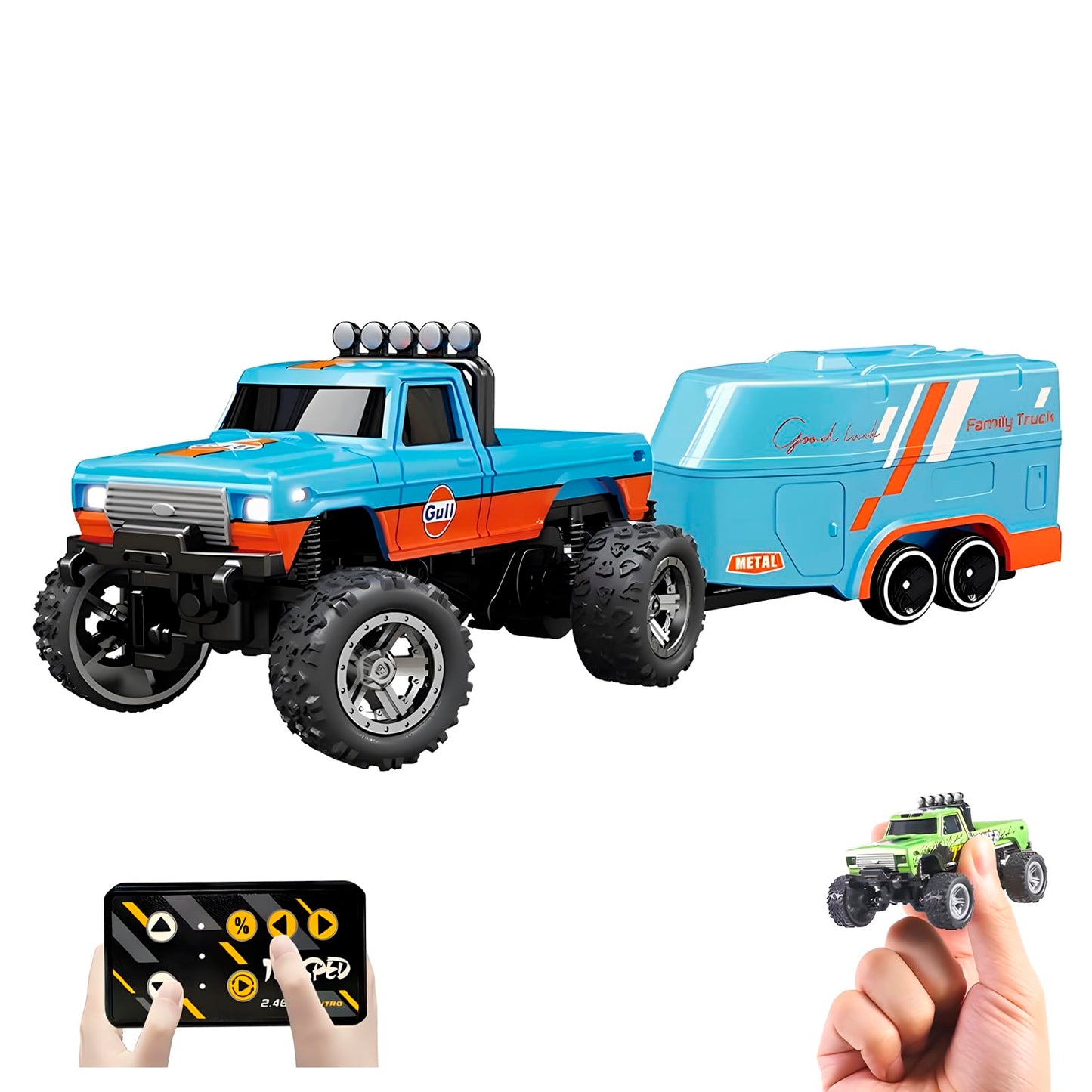 YRounee 1:64 Mini RC Monster Truck with LED Lights | 2.4GHz Off-Road Remote Control Car | 3 Speed Adjustable, USB Rechargeable Alloy RC Truck for Kids