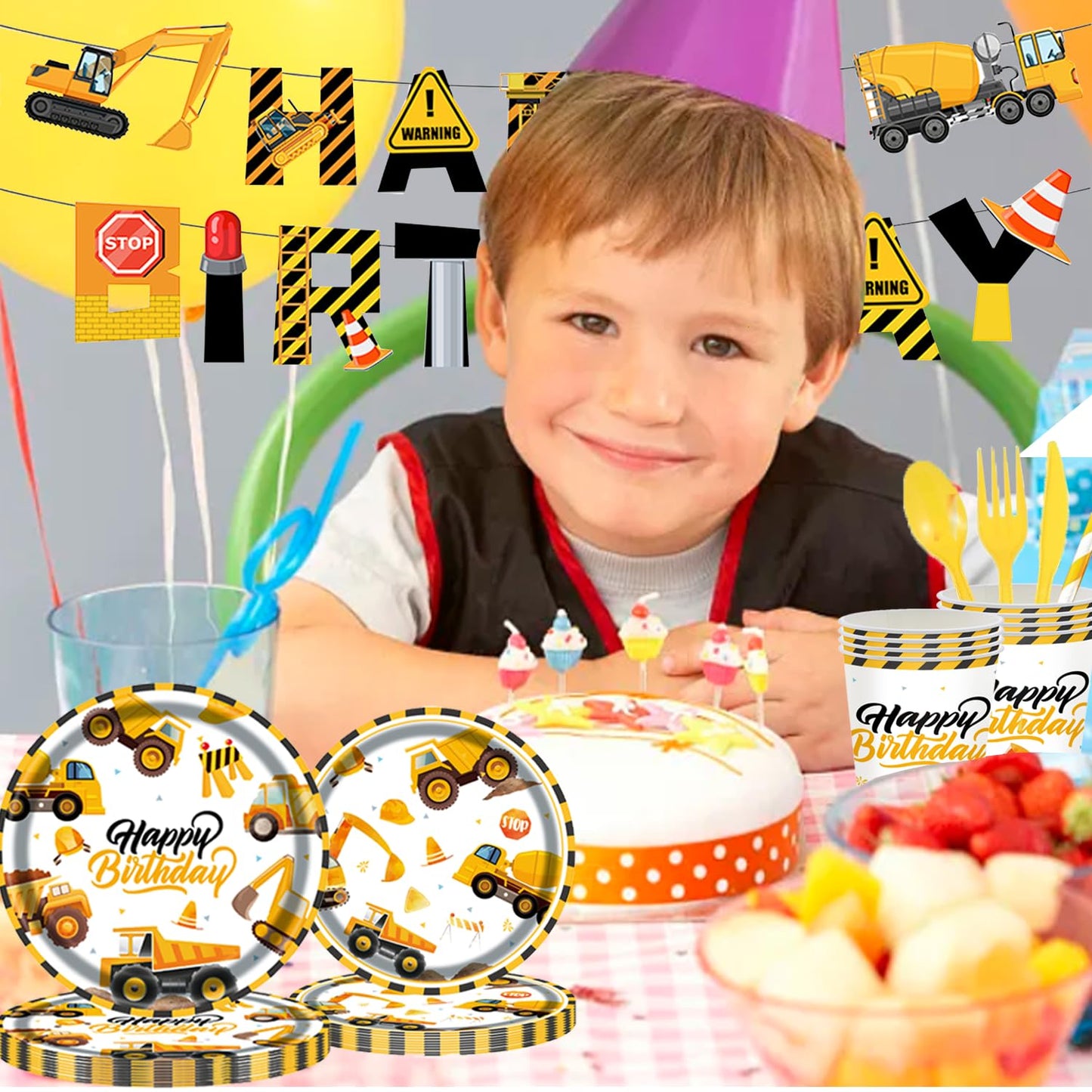 194Pcs Construction Plates Birthday Party Supplies Decorations Serve 24 | Includes Napkins Cups Tablecloth and Banner | Boys Construction Themed