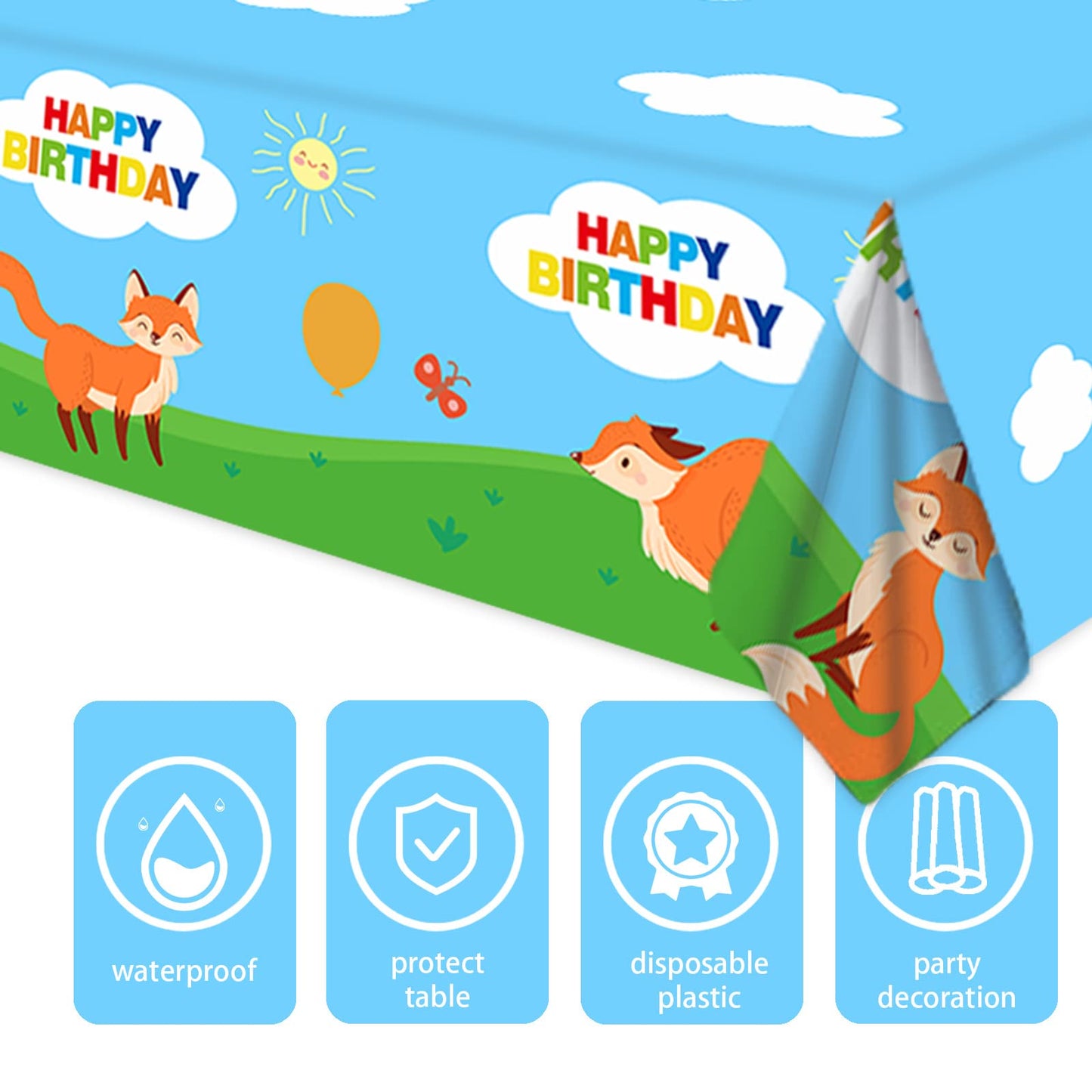 GZBJMYGS Fox Happy Birthday Tablecloth Fox Animal Party Plastic Supplies Animal Theme Baby Shower Boys Girls Blue Birthday Party Supplies Party Picnic