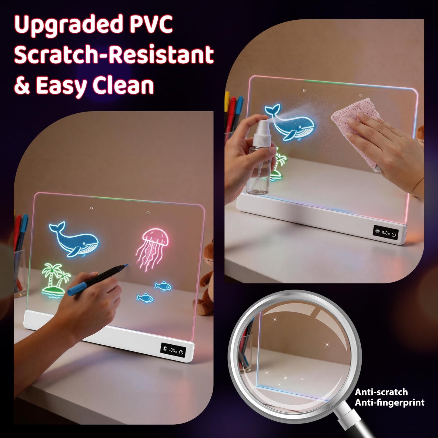 17 Inch Rechargeable LED Drawing Board for Kids, Upgraded 15 Colors Light Up Doodle Pad, Anti-Scratch PVC, Flicker-Free Eye Care, Includes Tracing