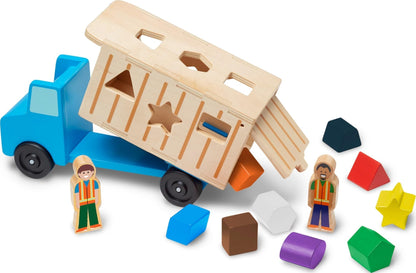 Melissa & Doug Shape-Sorting Dump Truck Wooden Toy with 9 Blocks and 2 Toy Figures - Montessori Toys and Toddler Toys for Preschool Learning