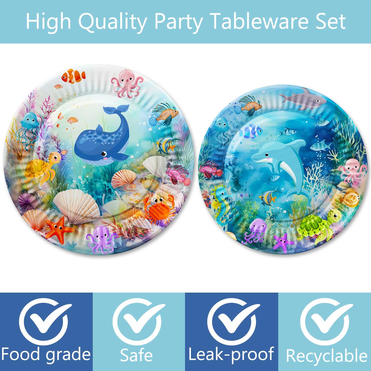 Letromp 80 Pcs Under The Sea Party Supplies Ocean Disposable Paper Plates Napkins Forks Dinnerware for Underwater World Sea Life Theme Baby Shower 1st