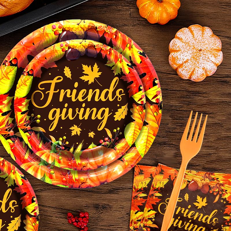 96 Pieces Friendsgiving Tableware Set Party Supplies - Fall Thanksgiving Pattern Disposable Dinnerware with Paper Plates, Napkins, Forks for Autumn