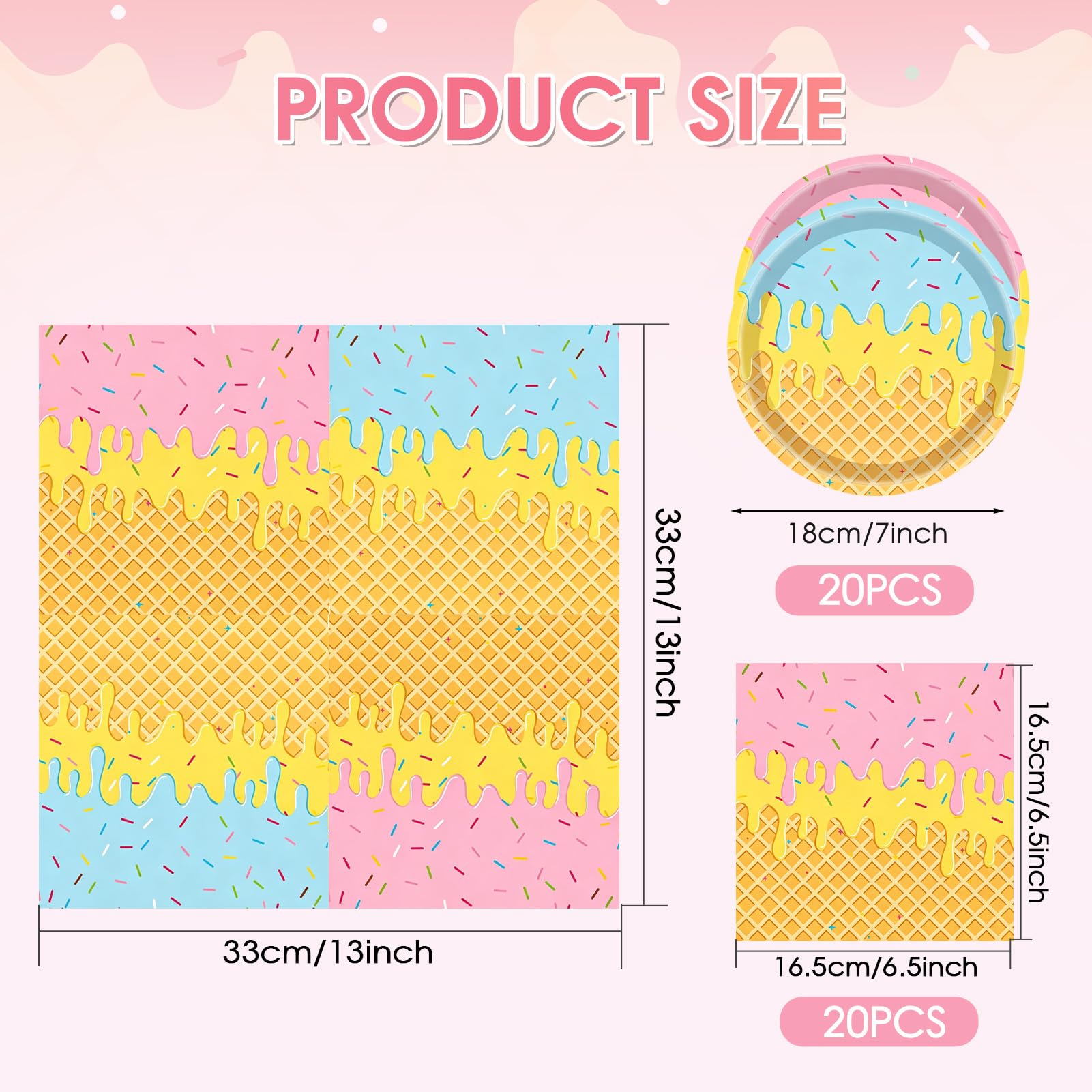 Ice Cream Birthday Party Decorations 40 Pcs Ice Cream Birthday Plates and Napkins Set,Disposable Summer Theme Tableware Kit Party Table Decorations