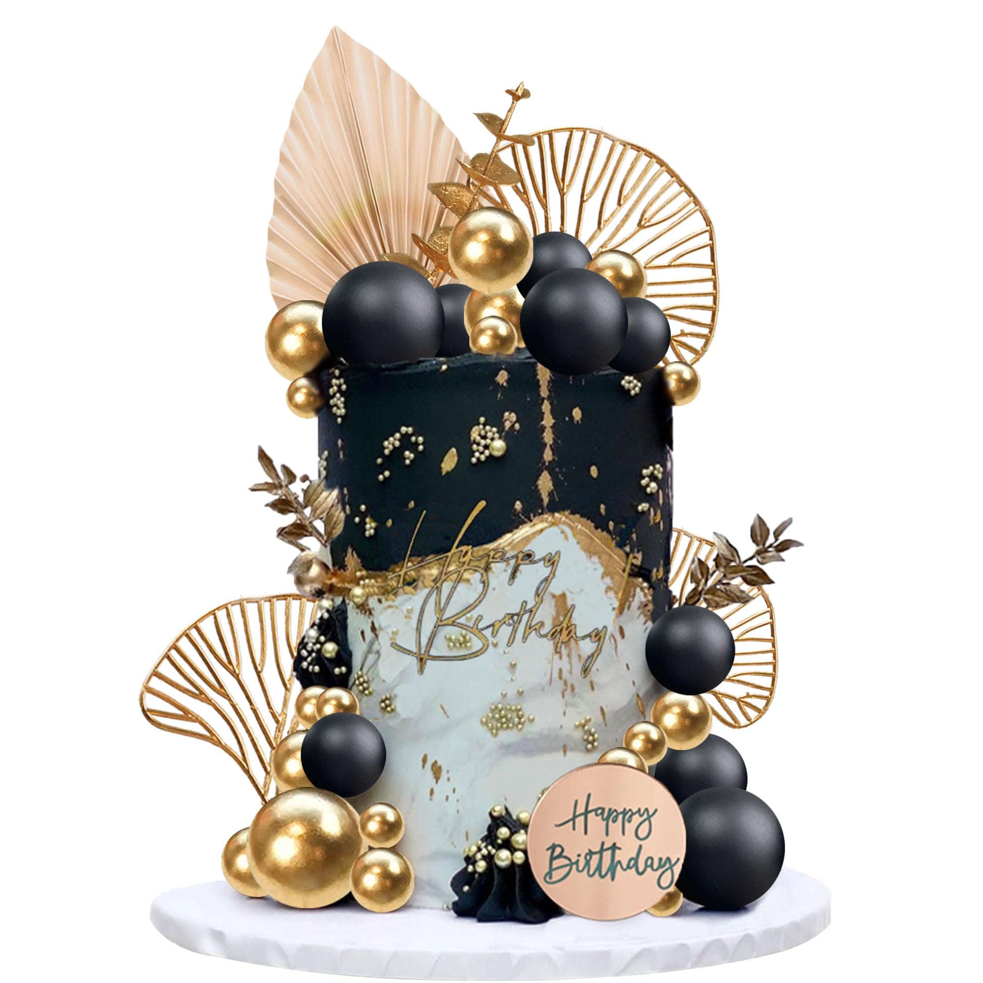 Boho Cake Topper Happy Birthday Cake Decorations with Balls Eucalyptus for Wedding Birthday Supplies (Black)