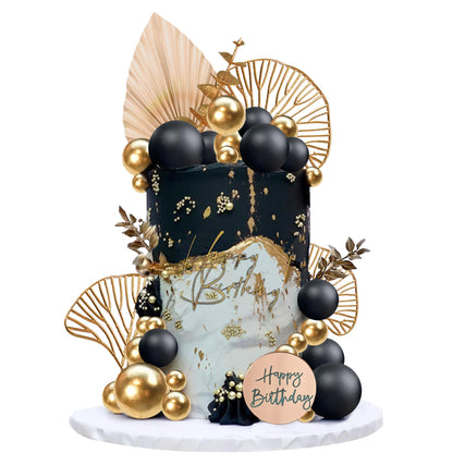 Boho Cake Topper Happy Birthday Cake Decorations with Balls Eucalyptus for Wedding Birthday Supplies (Black)
