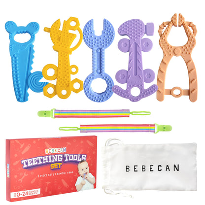 BEBECAN Teething Tools Teether for Baby - 5 Premium Food-Grade Silicone Baby Boy Teething Toys, 2 Straps for Safety and Travel Bag Tool Toys Provide