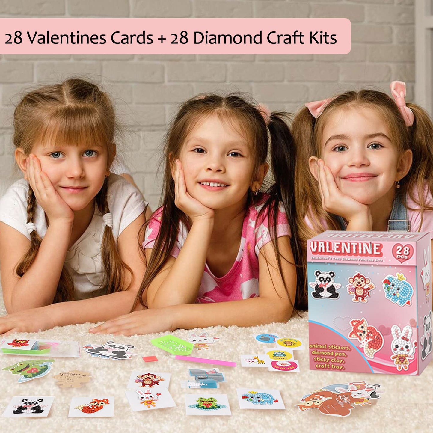 Valentine's Day Cards for Kids - 28pcs Diamond Animal Craft Kits With 7 Different Gem Stickers for School Classroom Exchange Gifts and Decorations