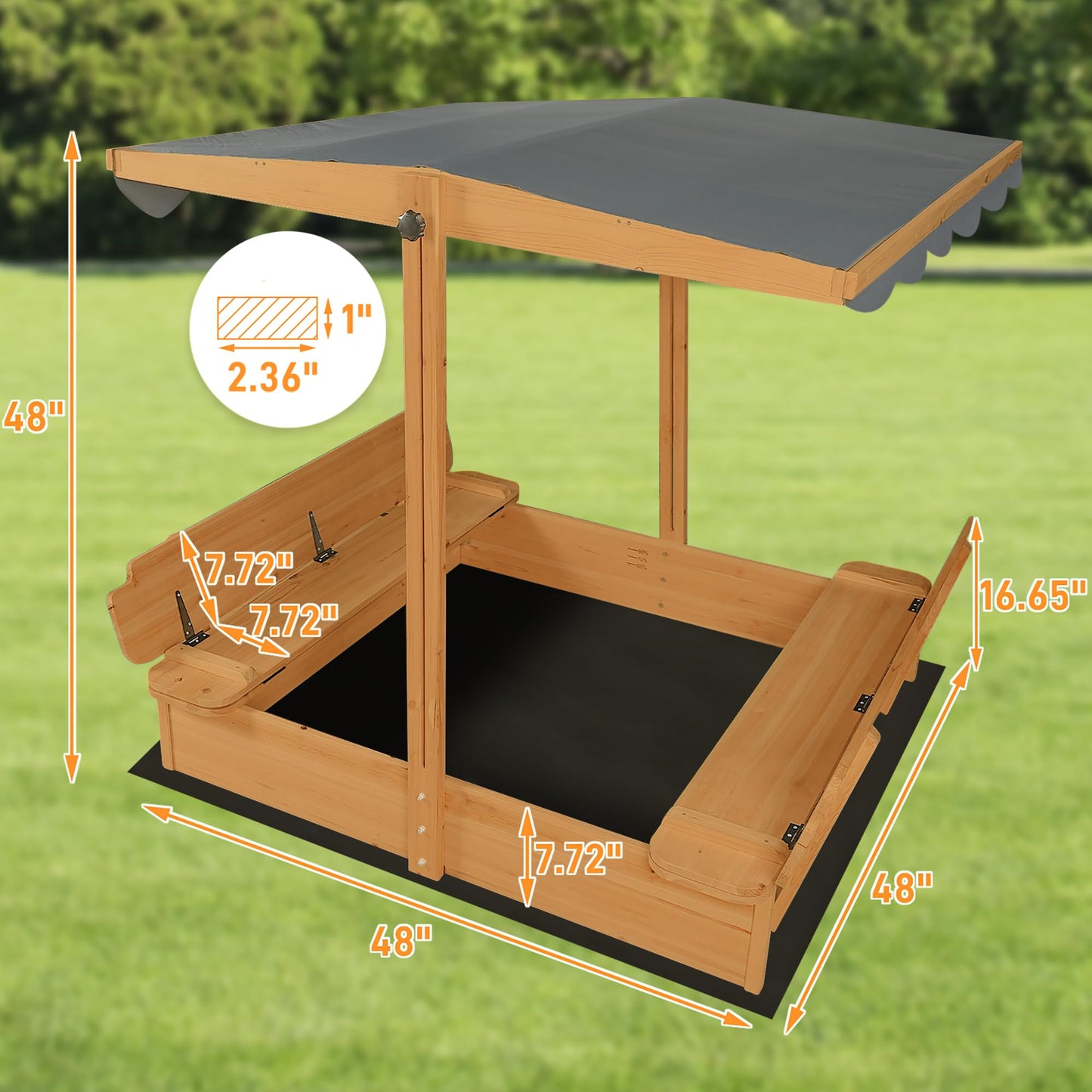 Large Wooden Sandbox Outdoor Sand Pit with Lid Cover Foldable Bench Seat Bottom Liner Sand Box for Garden Patio Beach Backyard Play Aged 3-12 Years