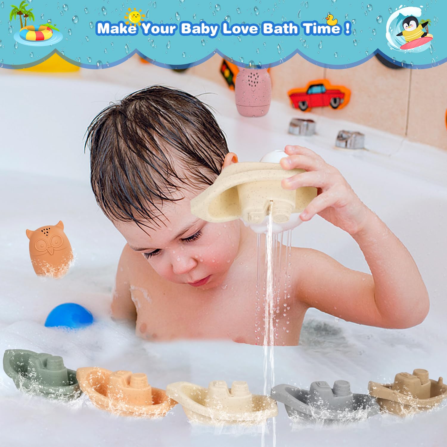 Baby Bath Toys Stackable Boats with Soft Silicone Squirt Water Animal Toys, 9 Pcs Floating Stacking Boat Bathtub Shower Pool Beach Toys for Toddler
