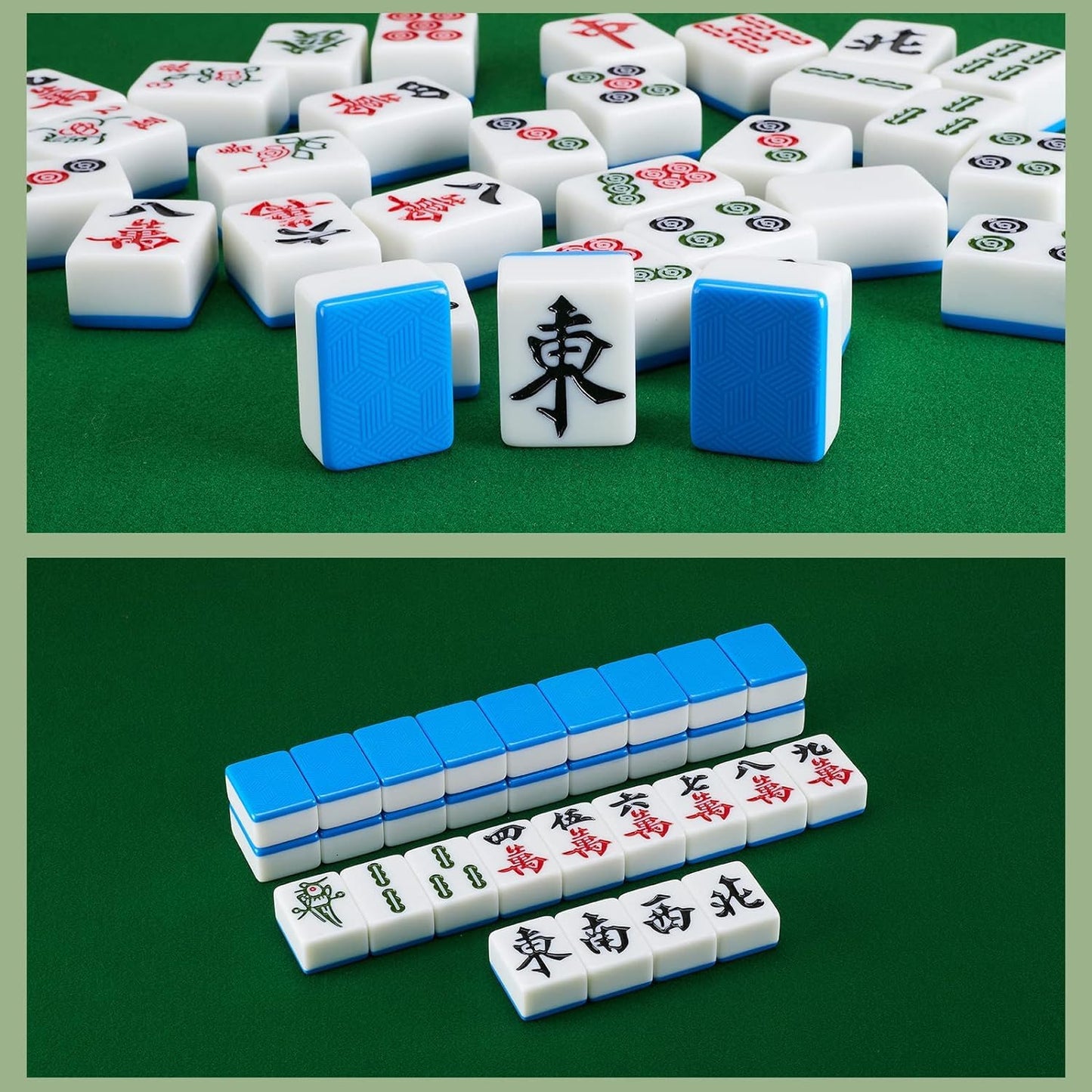 LinaLife Chinese Mahjong Set, Classic with 146+ Blue Colored Tiles, Dice Large 1.6 inch 40mm Mahjong Tiles Melamine English Instraction, Complete