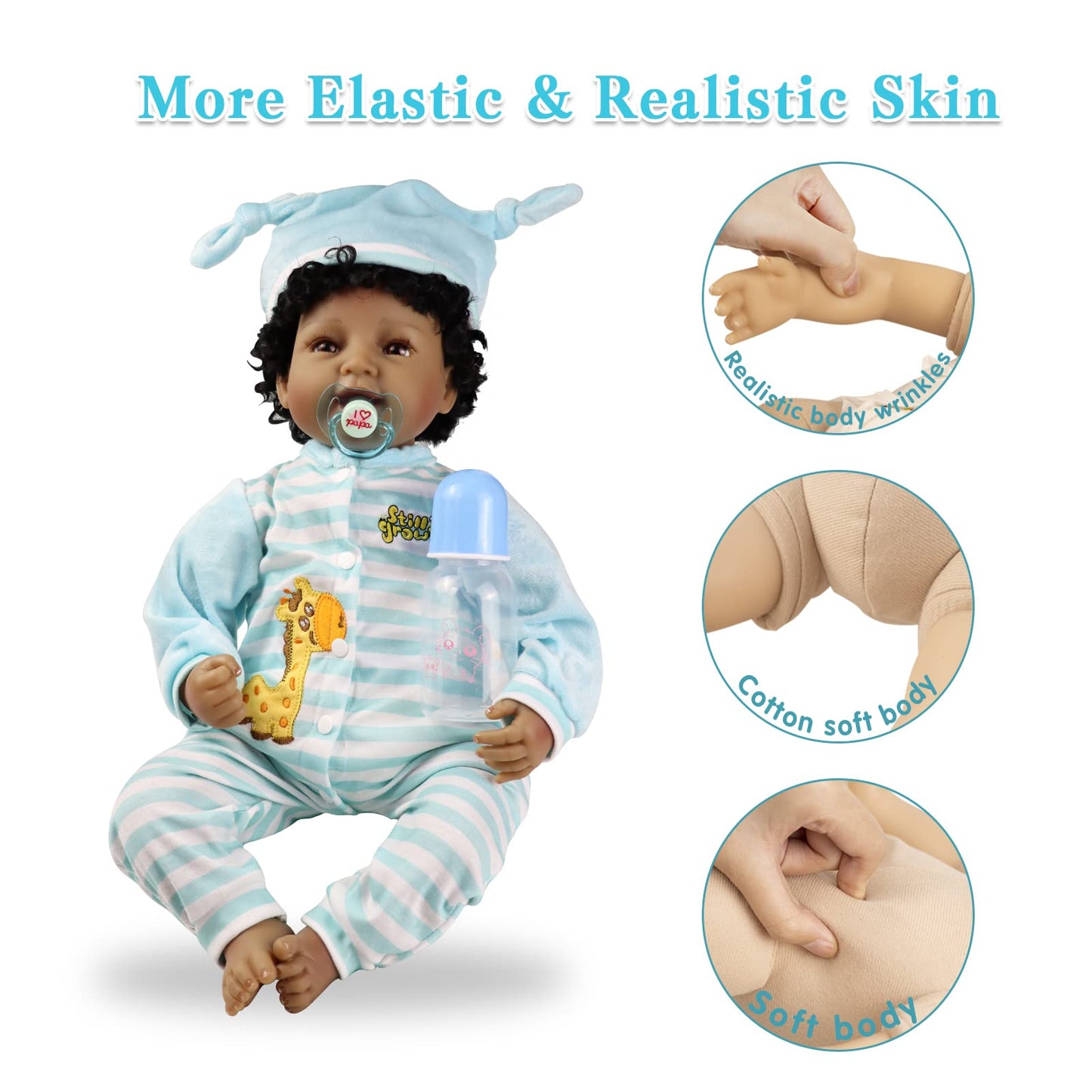 JRLCGYP 22" African American Baby Doll, Realistic Black Reborn Baby Dolls Silicone Vinyl Babydoll, Lifelike Soft Cloth Body Boy Doll, Birthday Set for