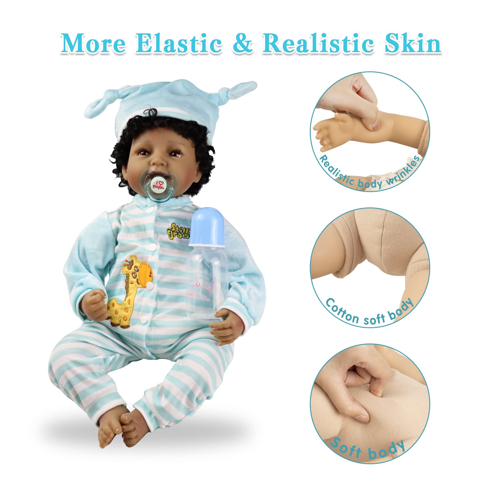 JRLCGYP 22" African American Baby Doll, Realistic Black Reborn Baby Dolls Silicone Vinyl Babydoll, Lifelike Soft Cloth Body Boy Doll, Birthday Set for
