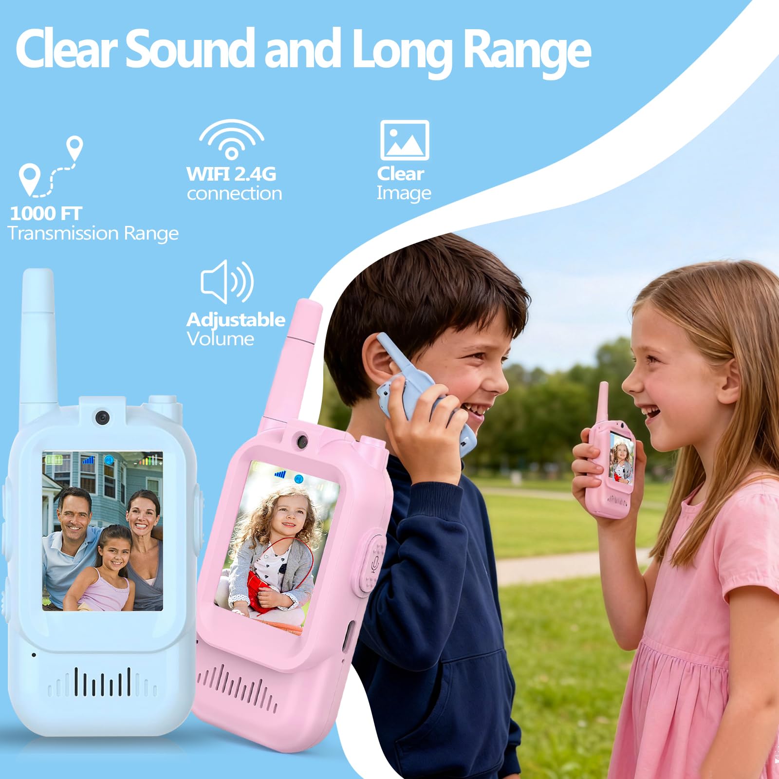 Video Walkie Talkies for Kids, Rechargeable Kids Walkies Talkies 2 Pack, Indoor Outdoor Toys for Game Party Camping, Christmas Birthday for Aged 3 4 5