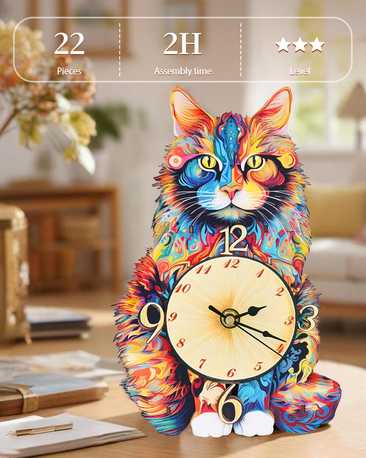 Rnfinewow 3D Wooden Puzzles for Adults, Maine Coon Cat Clock DIY Kit, Beginner 22 Pcs Wooden Puzzles, Birthday Christmas for Women Men Adults Teens