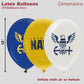 U.S. Navy Party Balloons (10 pcs)! 12” Latex balloons in Blue, White & Yellow with Striking Print on 2 sides. Officially Licensed U.S. Navy