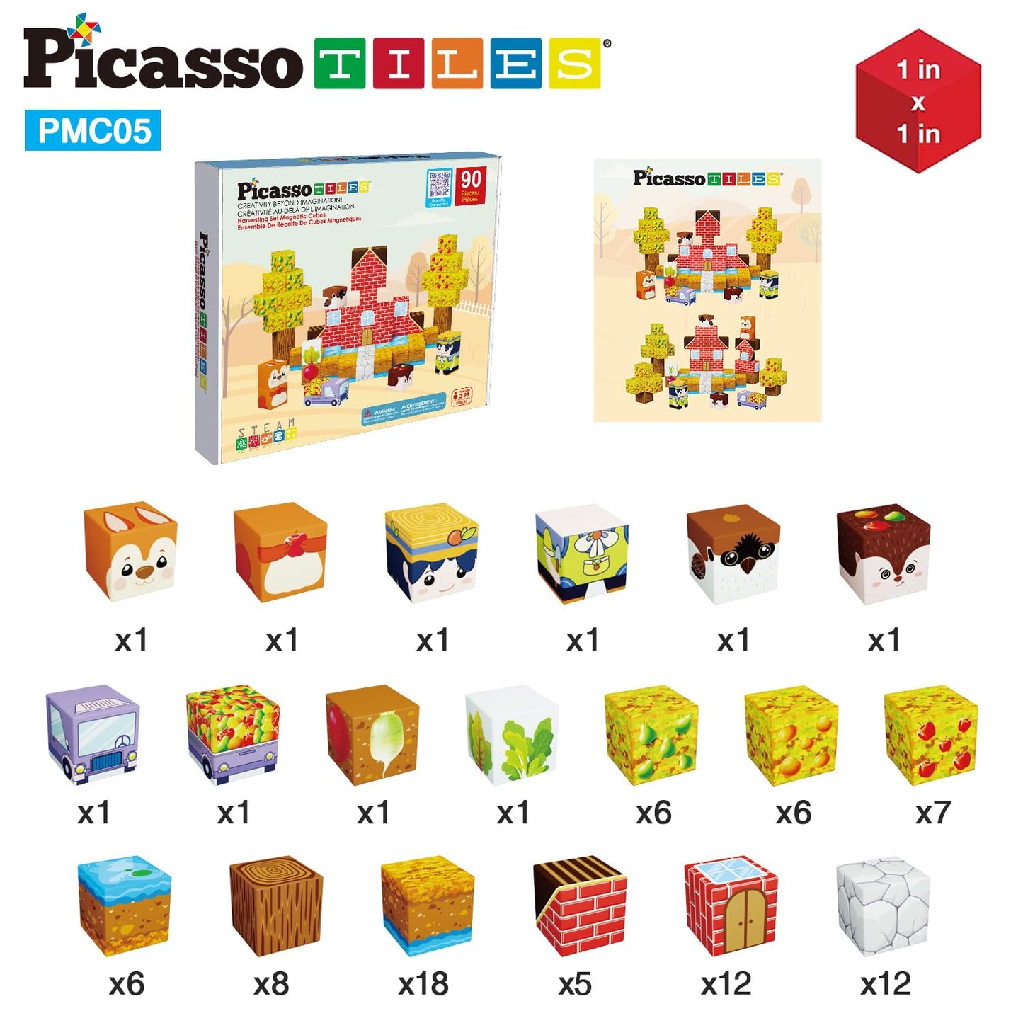 Picasso Cubes 1” Fall Autumn Harvest Theme Magnetic Blocks Build Cubes 90 Piece Magnet Tile Construction Building Block Set Sensory Toy Early