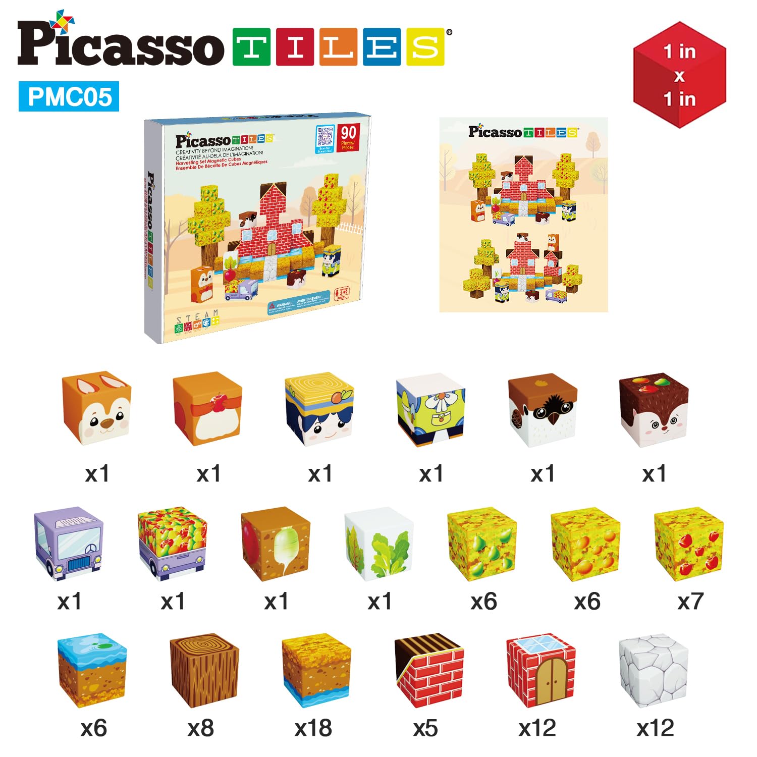 Picasso Cubes 1” Fall Autumn Harvest Theme Magnetic Blocks Build Cubes 90 Piece Magnet Tile Construction Building Block Set Sensory Toy Early
