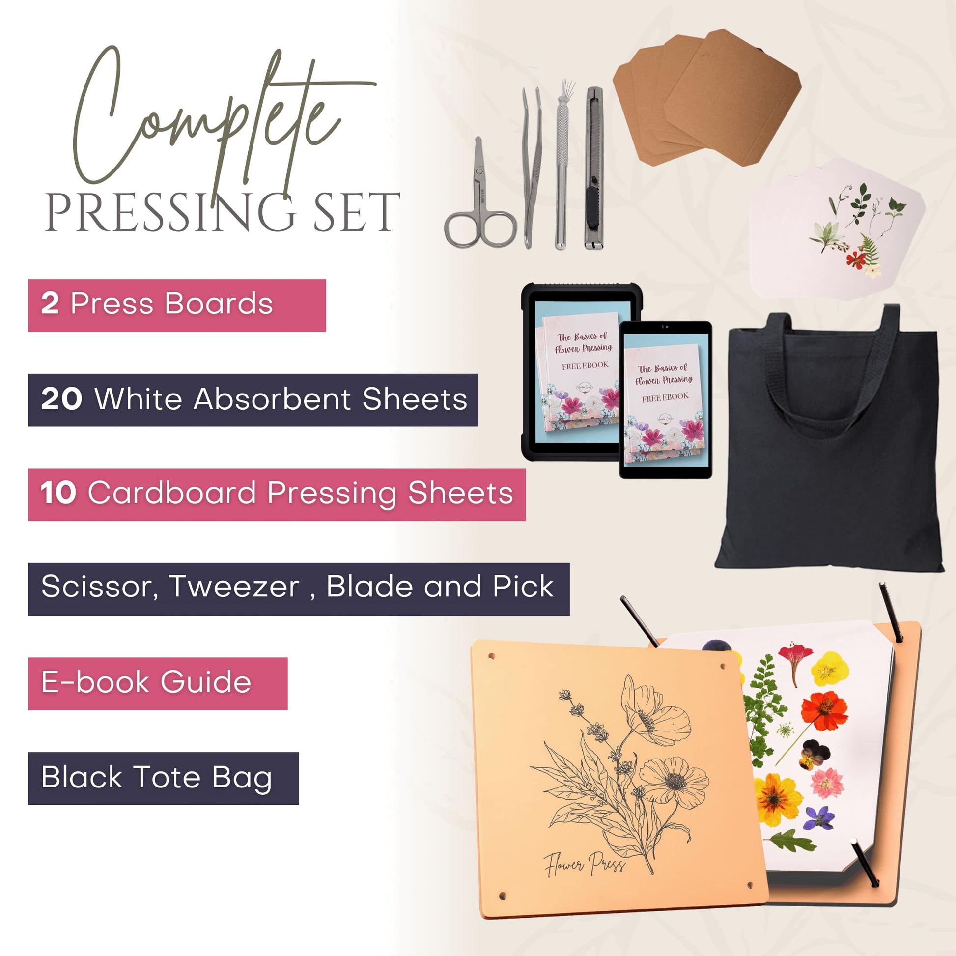 Wooden Flower Press - Durable Bolt Lock Design Complete Pressing Kit w/White Absorbent Sheets, Ebook Guide & More - 10 Layers for Drying & Preserving