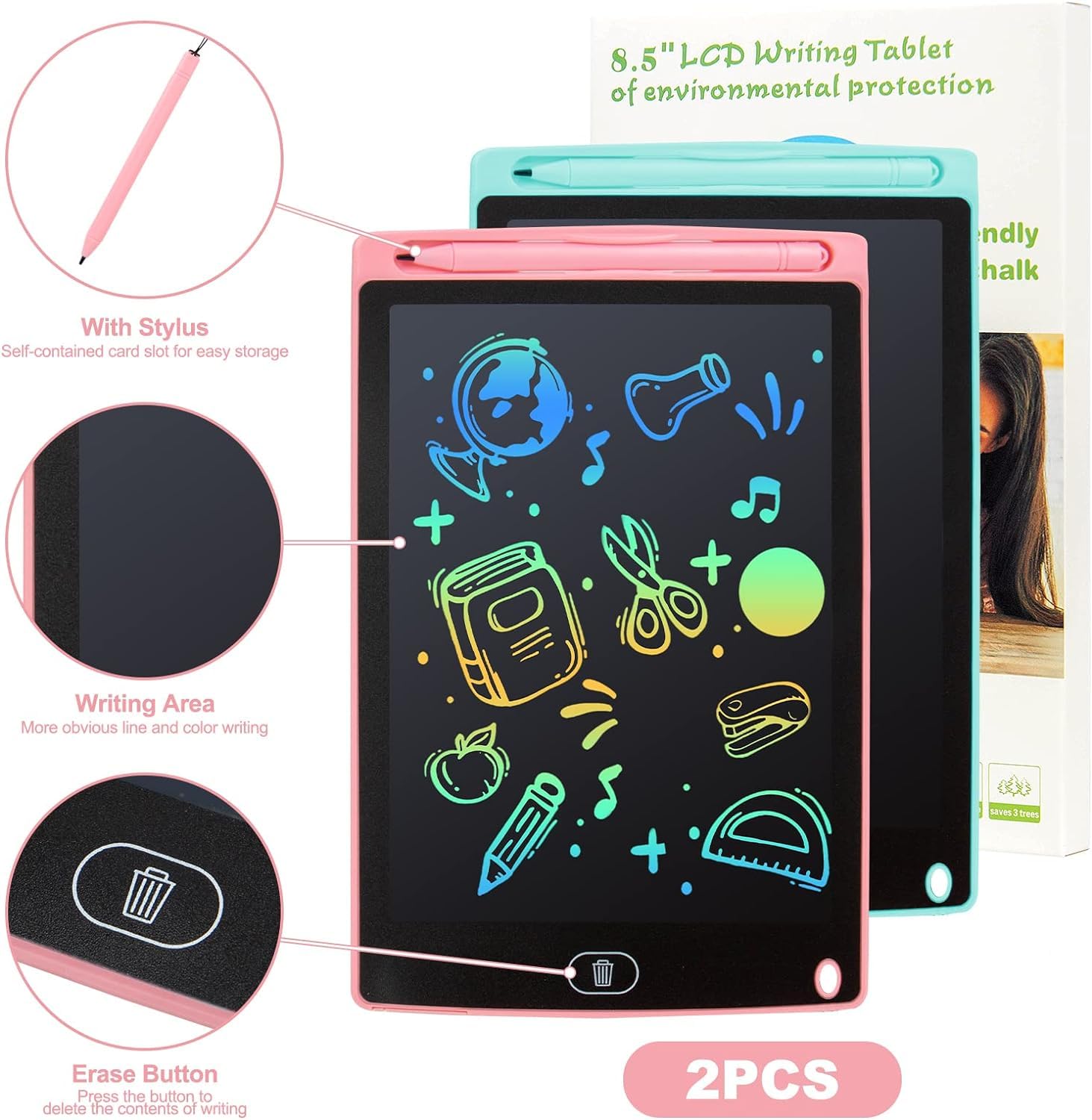LCD Writing Tablet, 2 Packs Drawing Pads for Kids 3 4 5 6 Years Old 8.5 Inch Colorful Lines Doodle Scribble Boards Educational Toys for Boys Girls