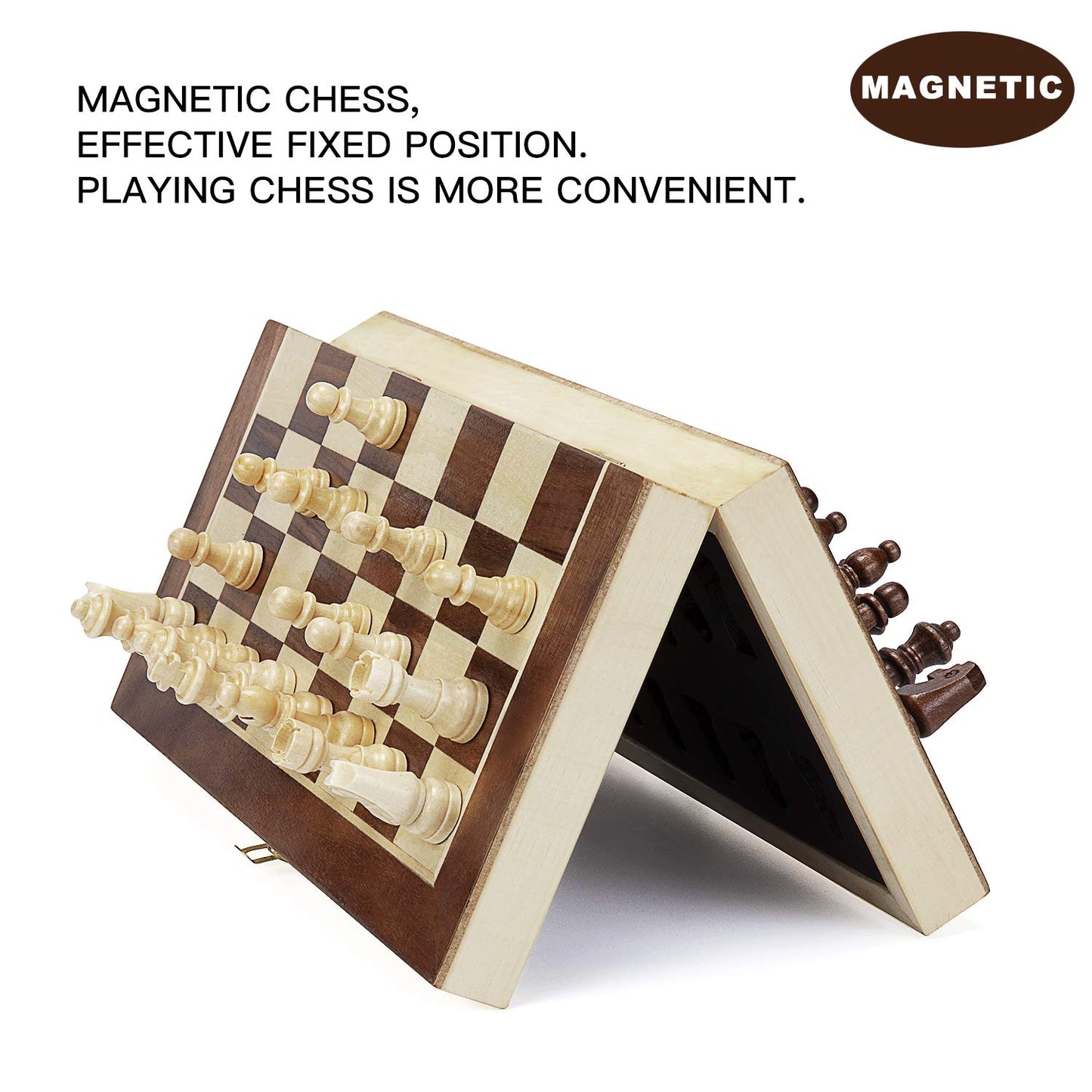 AMEROUS 12" x 12" Magnetic Wooden Chess Set for Kids and 6 up Age, 2 Bonus Extra Queens, Folding Board with Storage Slots, Handmade Chess Pieces